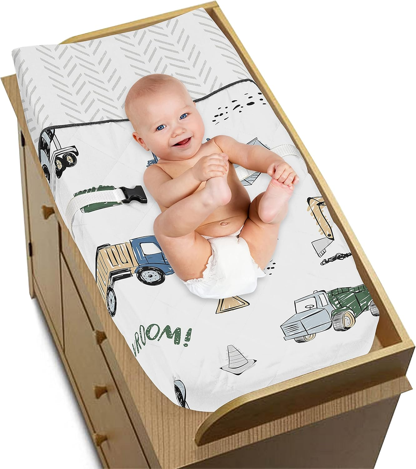 Sweet Jojo Designs Construction Truck Boy Baby Nursery Changing Pad Cover - Grey Yellow Black Blue and Green Transportation Chevron Arrow - Multicolor image number 3