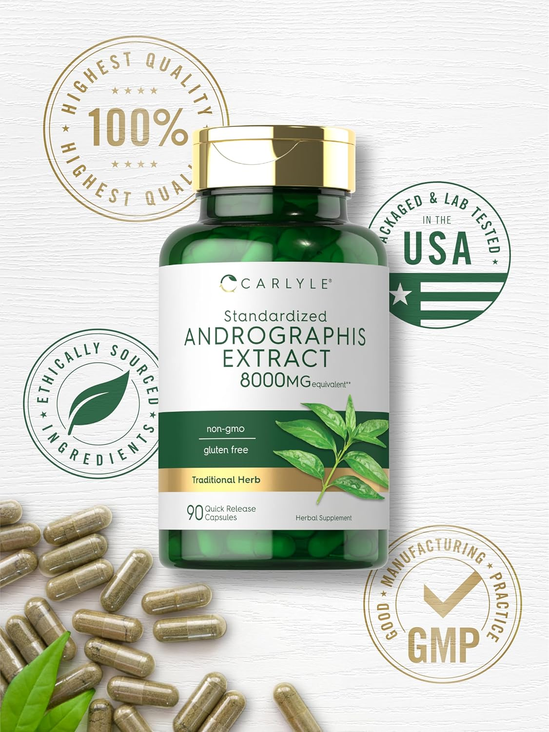 Andrographis Paniculata Capsules | 8000 Mg | 120 Capsules | Non-Gmo & Gluten Free Supplement | by Carlyle image number 1