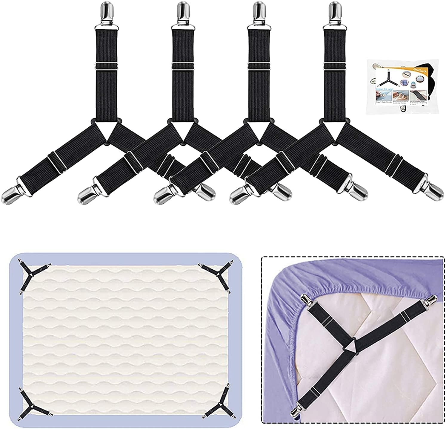 Sheet Fasteners,Bed Sheet Holder Straps,Sheet Suspenders with Elastic Bands and Corner Clips,Used for Bed Sheets,Mattress Covers,Sofa Cushion(4Pcs/Set, Black) image number 2