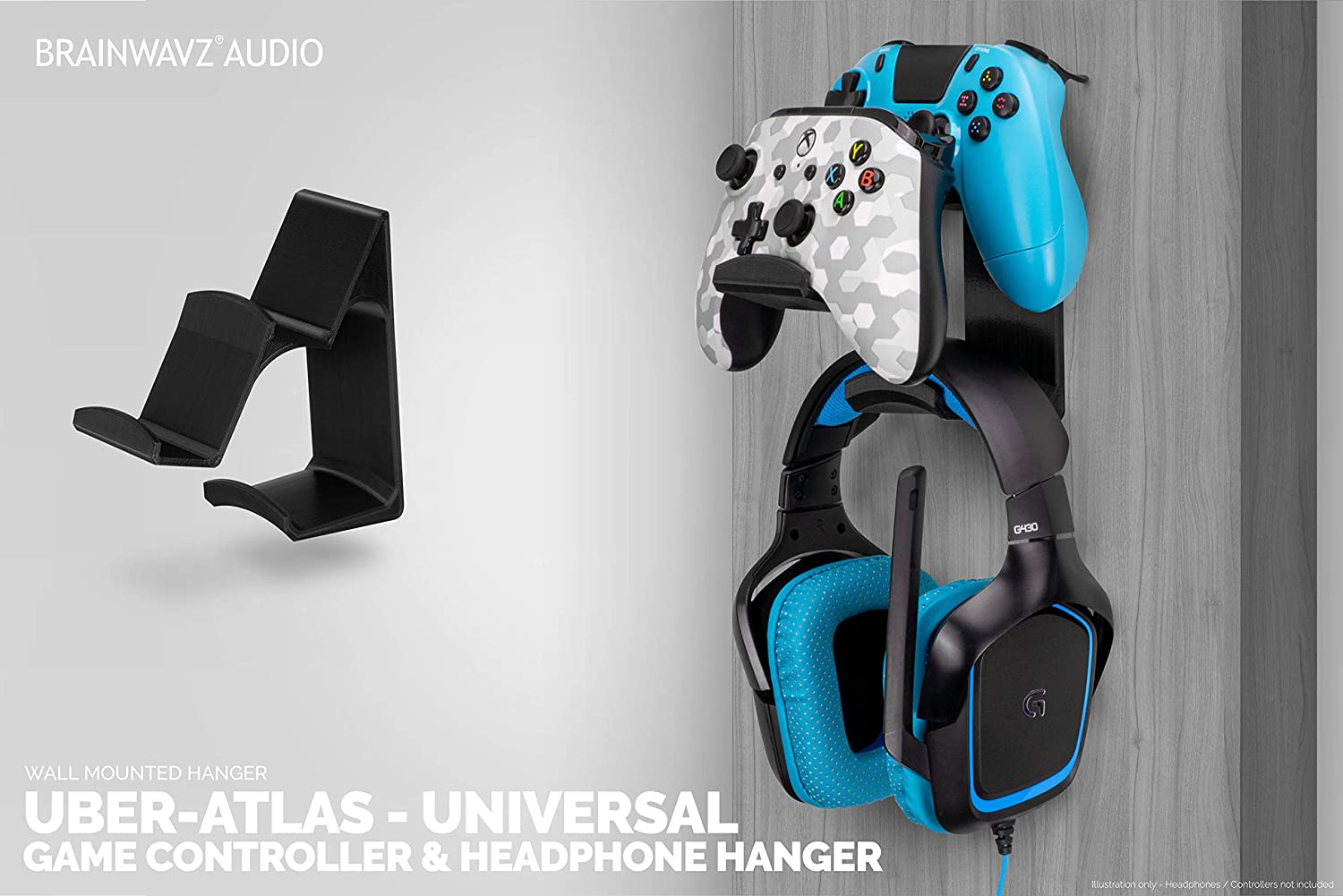 The Uberatlas Dual Game Controller & Headphone Stand Wall Mount Holder for Xbox ONE, Series X, PS5, PS4, PS3, Switch, STEELSERIES Gamepad & More, Stay Organized No Screws, by Brainwavz - Uberatlas image number 3
