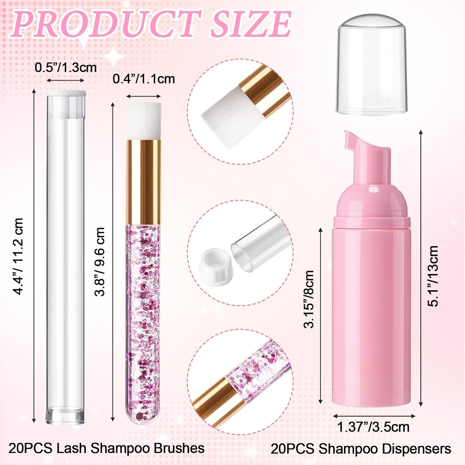 Zhehao 80 Pcs Lash Shampoo Bottle Brushes Kit 20 Foam Pump Dispensers 20 Lash Shampoo Brushes 20 Eyelash Aftercare Bag 20 Cleaning Pipes, Eyelash Extension Supplies(Pink)