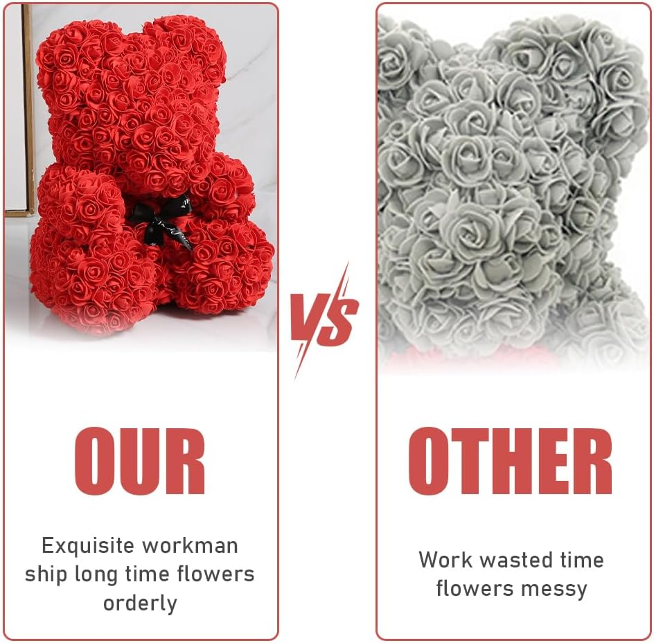 Flowers Rose Bear,Handmade Diype Flower Bears,Mothers Day for Mom Grandma on Mothers, Everlasting Flower for Window Display,For Mother'S Day,25X16X16 CM (Red) image number 6