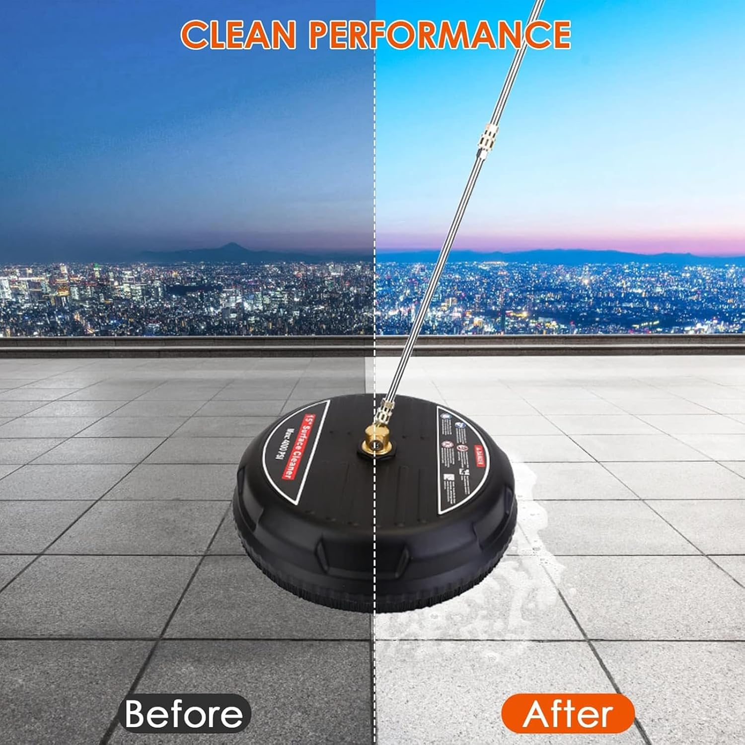 Pressure Washer Surface Cleaner, 4000PSI Pressure Washer Circle Attachment,15In Power Washer Disc Attachment with 2 Extension Wands for Cleaning Driveway, Sidewalk, Deck, Patio, Black