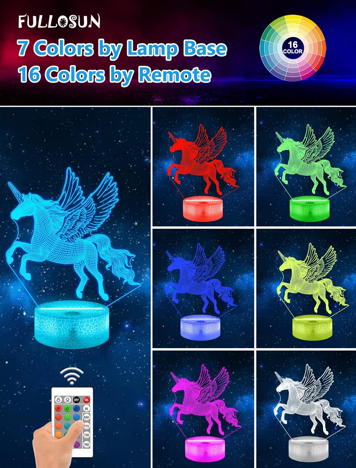 FULLOSUN Unicorn Night Light for Girl, Unicorn Girl Lamp 3D Illusion,16 Colors Changing Remote Control Nightlight, Fairy Room Decor Birthday Xmas Gift to Girl Kid Daughter