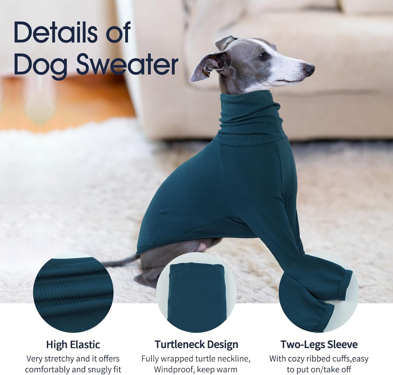 Iecoii Greyhound Sweater, Cozy Italian Greyhound Jumpsuit, Pullover Dog Sweater for Small Dogs, Turtleneck Whippet Onesie Clothes for Spring Fall Outfits, Extra Soft Whippet T Shirts with Sleeves, XS image number 7