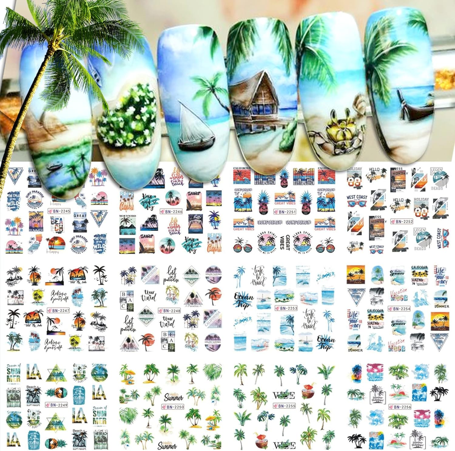 Summer Nail Stickers Coconut Palm Tree Nail Art Tropical Water Transfer Nail Decals 12 Sheets Beach Ocean 3D DIY Manicure Design Decor for Women Girl image number 6