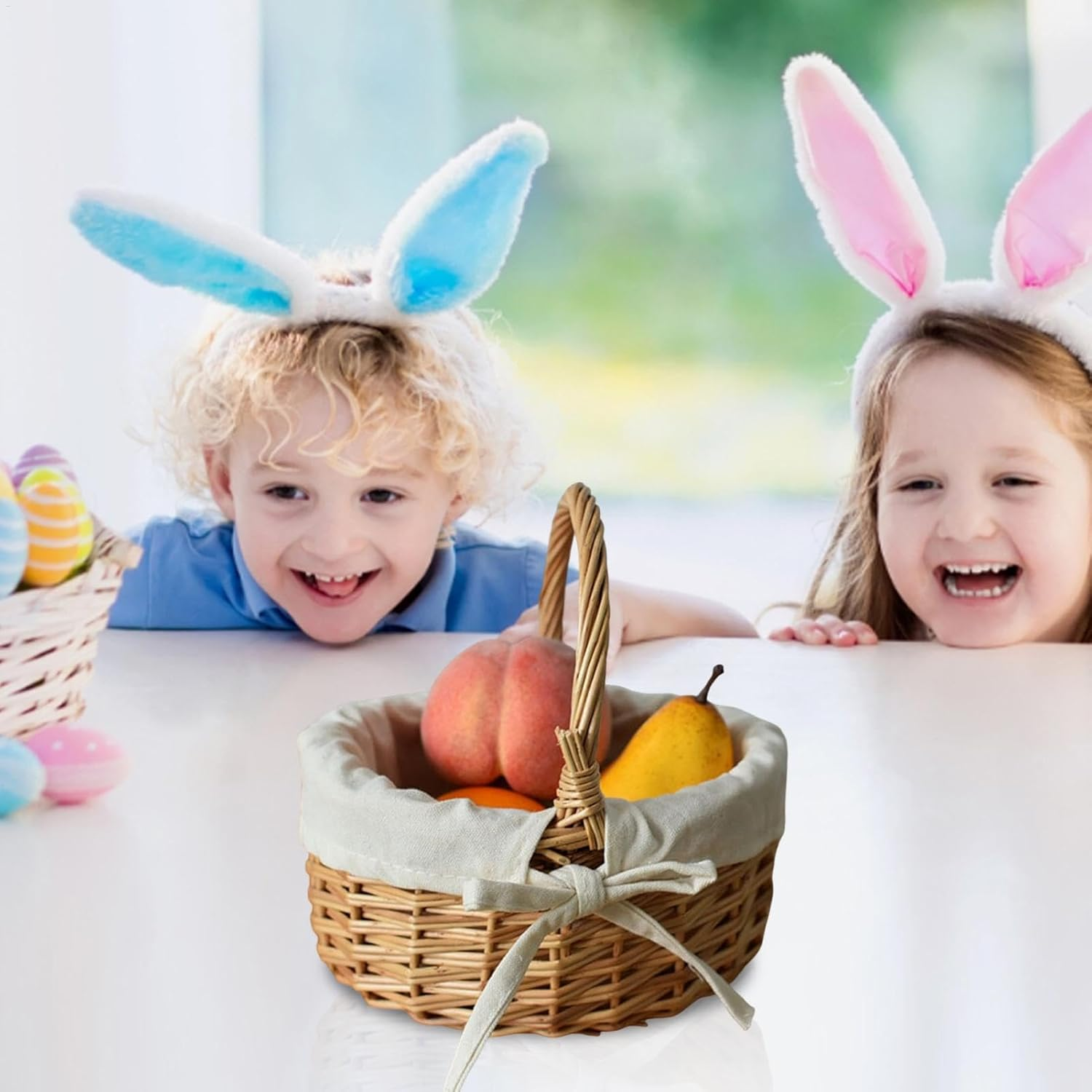 Woven Flower Basket, Wicker Baskets with Handle and Bow, Easter Decorative Storage, Cloth-Lined Basket for Fruit, Candy, Egg Gathering, Flower Cookie Candy, for Wedding Partys Home Garden Decor image number 2