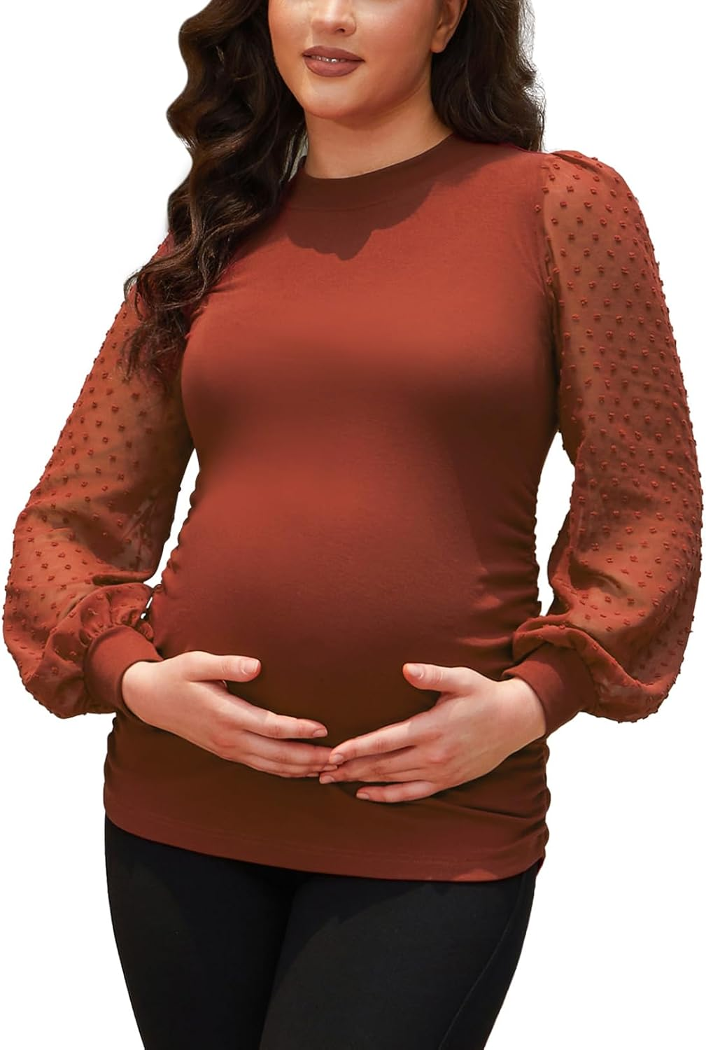 Bhome Mock Neck Maternity Shirt Ribbed Knit Maternity Blouse Mesh Long Sleeve Fitted Pregnant Top