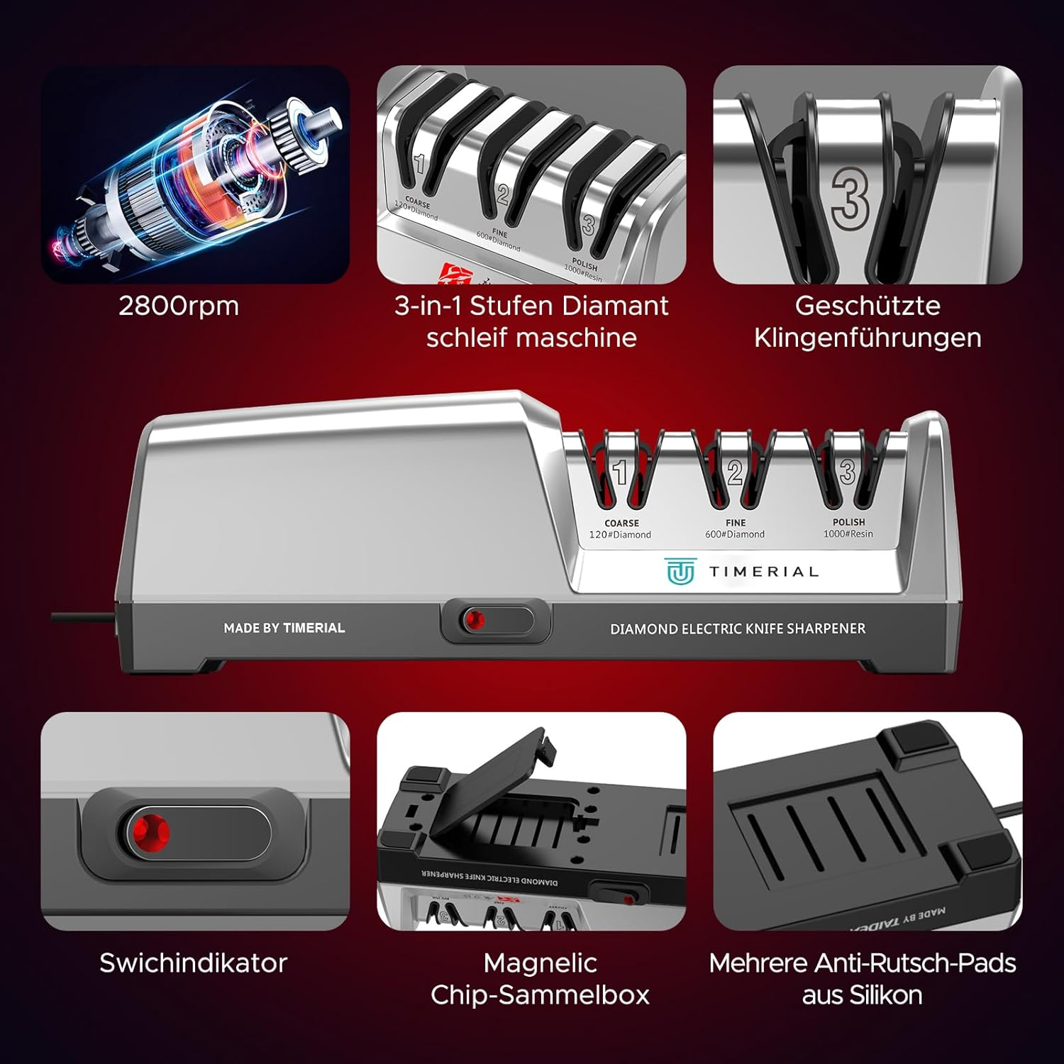 TIMERIAL Electric Knife Sharpener 3-Stage Diamond Grinding Disc 15&deg; Precision Angle Guide for Sharpening and Polishing Kitchen Knives Made of Steel, 120 Grit and 600 Grit and 1000 Grit