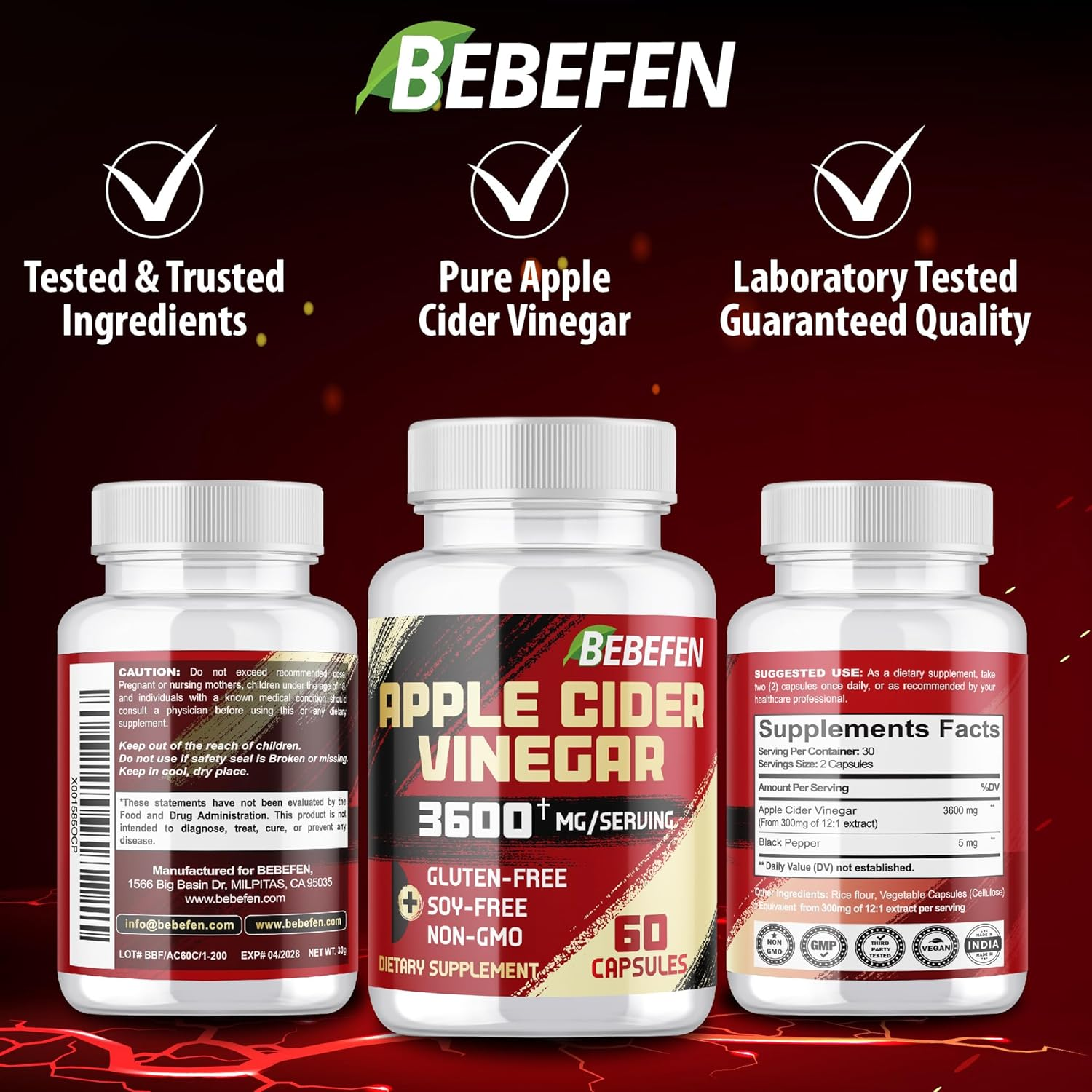 BEBEFEN Apple Cider Vinegar Capsules 3600Mg per Serving Extra Strength - Non-Gmo, Gluten Free Supplement - 60 Count image number 5