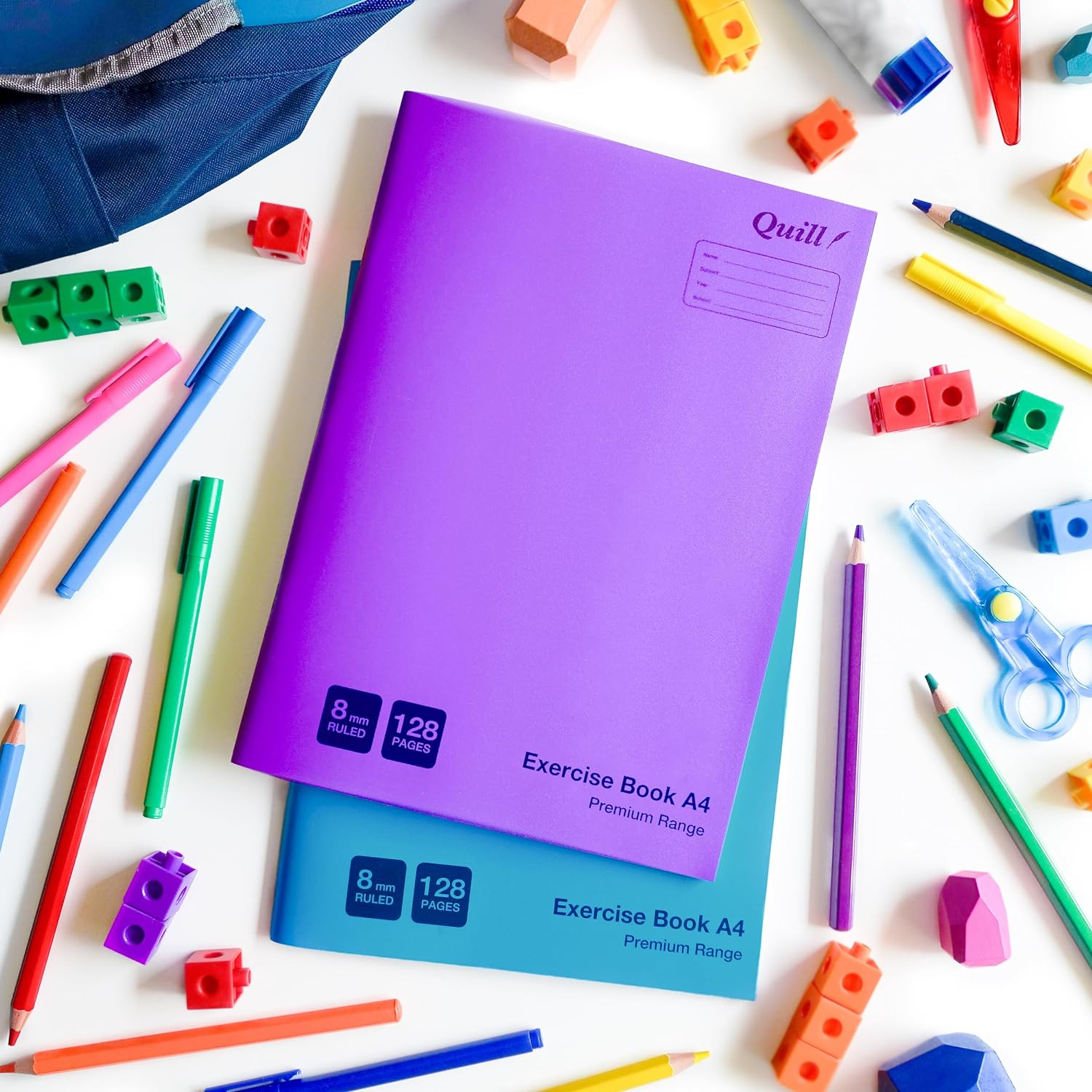 Quill, Premium Exercise Book A4, 128 Pages, 8Mm Ruled with Red Margin, Pack 2, Durable Water Resistent Cover image number 1