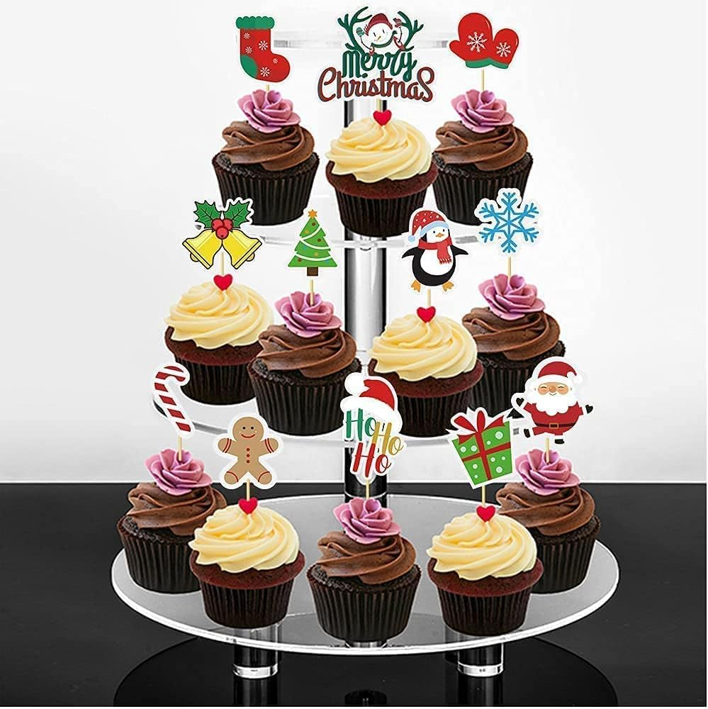 Christmas Cake Toppers - Merry Christmas Tree, Snowman, Santa, Snowflake, Cupcake Toppers & Food Inserts - 15 Pcs