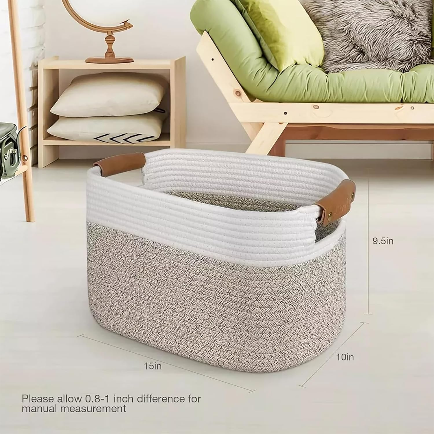 3Pc Foldable Woven Storage Baskets: Detachable Handles - 100% Cotton Rope for Clothing, Toy and Home Organization​(White+Beige,3)