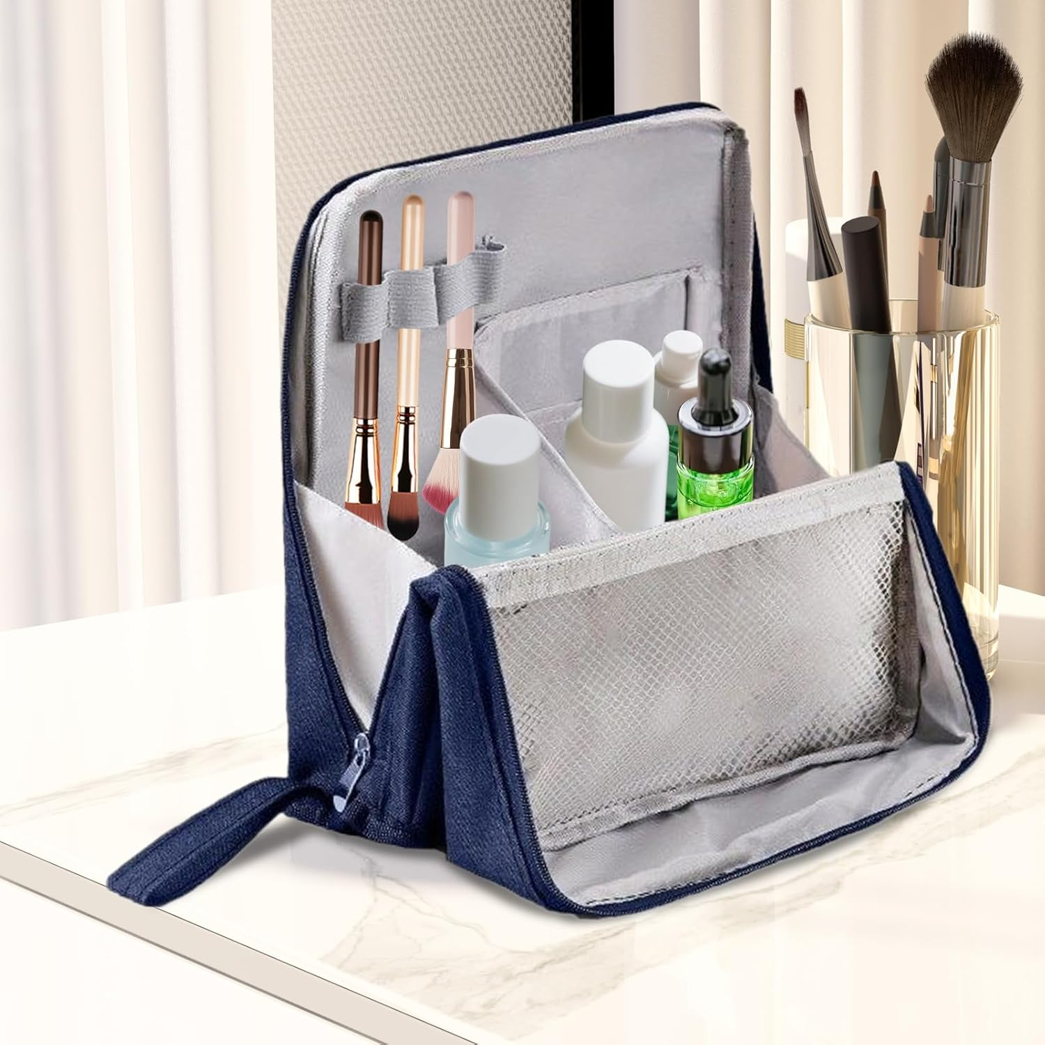Stand up Makeup Bag - Waterproof Large Capacity Large Toiletry Bag | Beauty Tools Accessories for Foundation Lipstick Eyeshadow Sunscreen Shampoo Conditioner Hair Spray - Gray image number 5