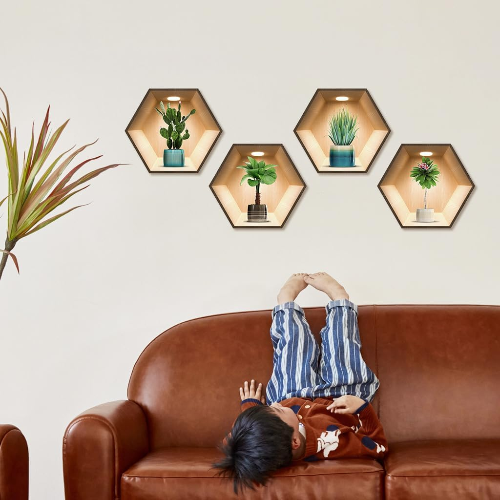 Imagitek 4 Pack 3D Green Plant Wall Decals 3D Cactus Wall Stickers for Living Room Bedroom Kitchen Decor image number 3