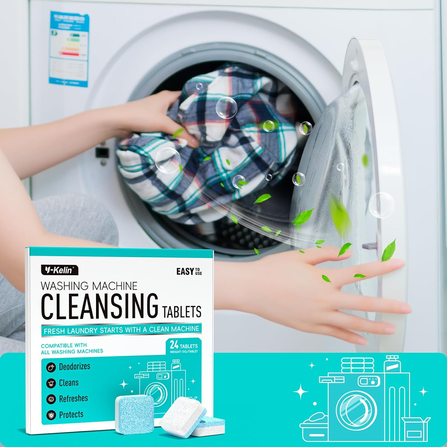Y-Kelin Washing Machine Cleaner Tablets - Deep Cleaning Tablets for HE Front Loader & Top Load Washer 24 Pack for 1 Year Supply image number 3