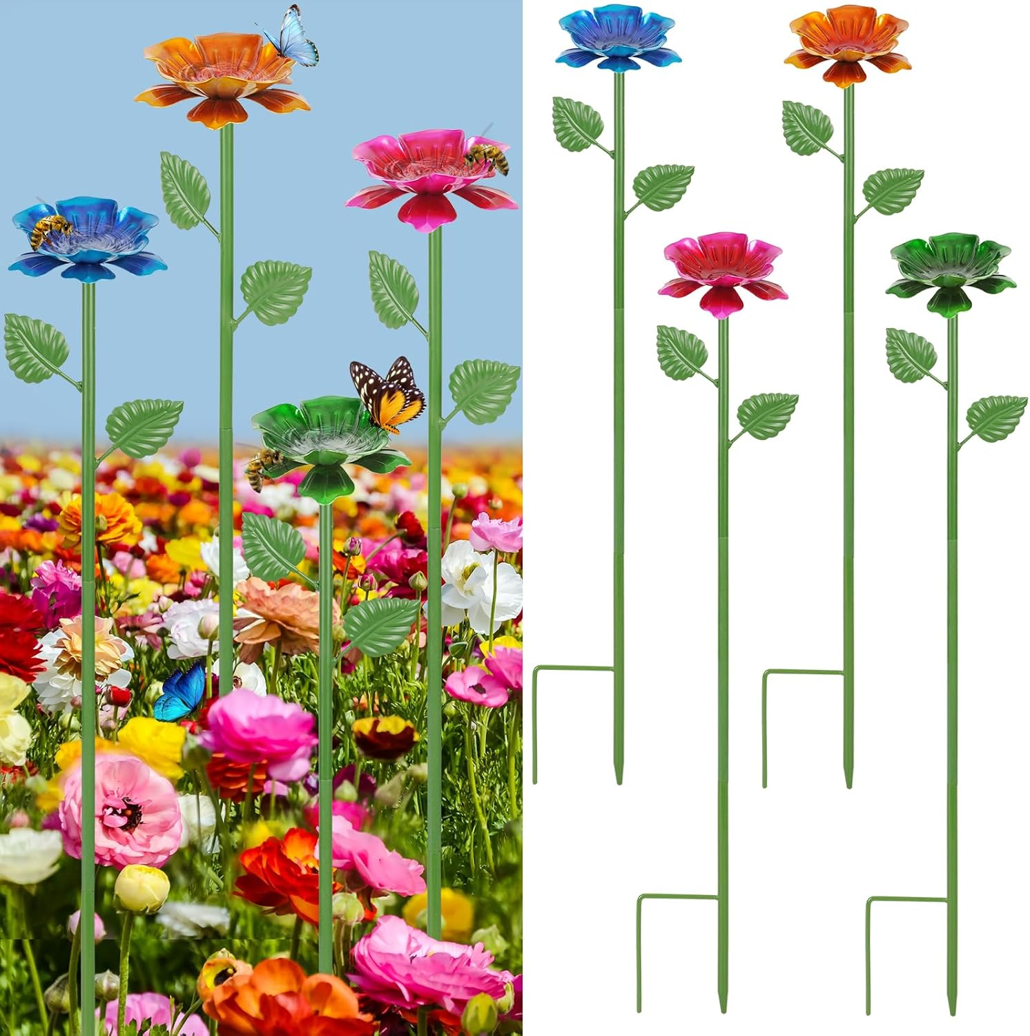 Bee Watering Station for Garden, 4 Pack Metal Bee Water Feeder for Outdoor Yard Patio Decor, Butterfly Watering Station Bee Bath Bowl for Garden (Blue,Yellow,Red,Green)