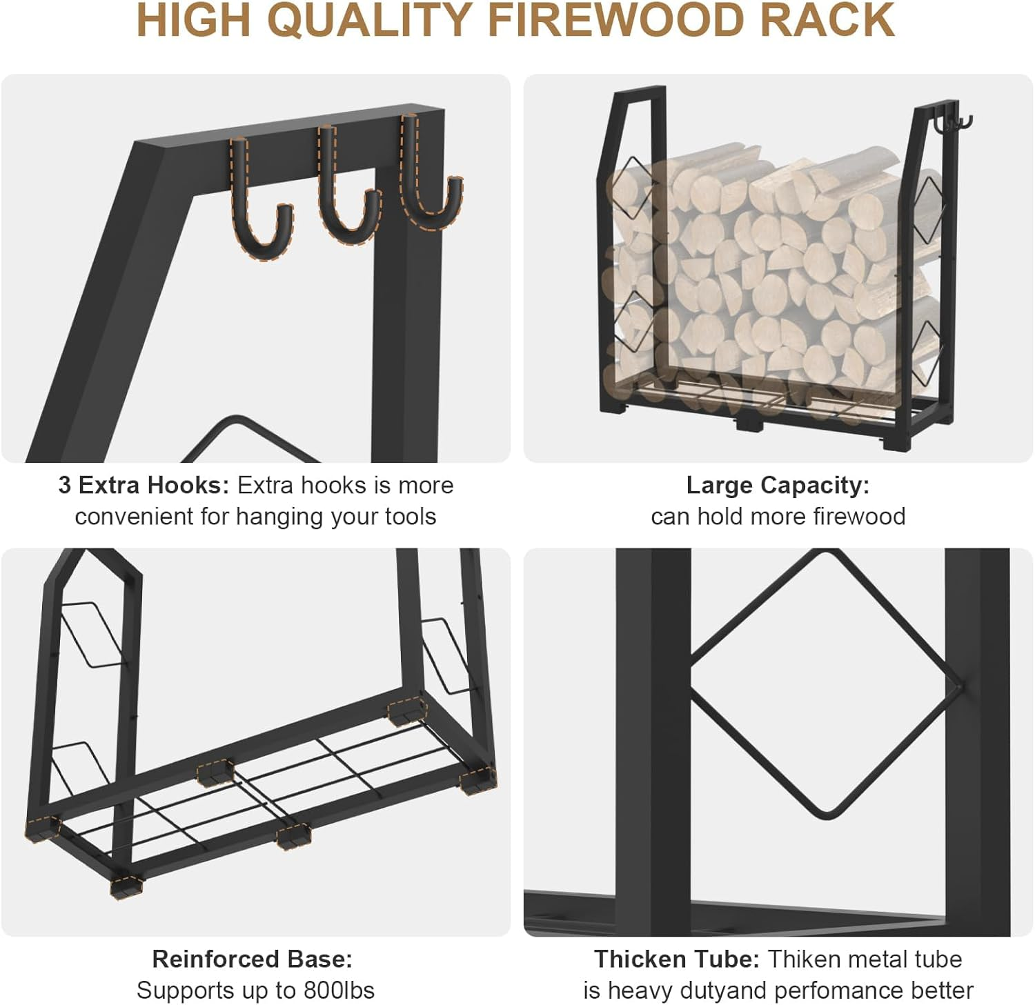 Firewood Rack for Outdoor, Firewood Holder with 3 Hanging Hooks, Heavy Duty Wood Rack for Indoor Outdoor Patio, Black image number 3