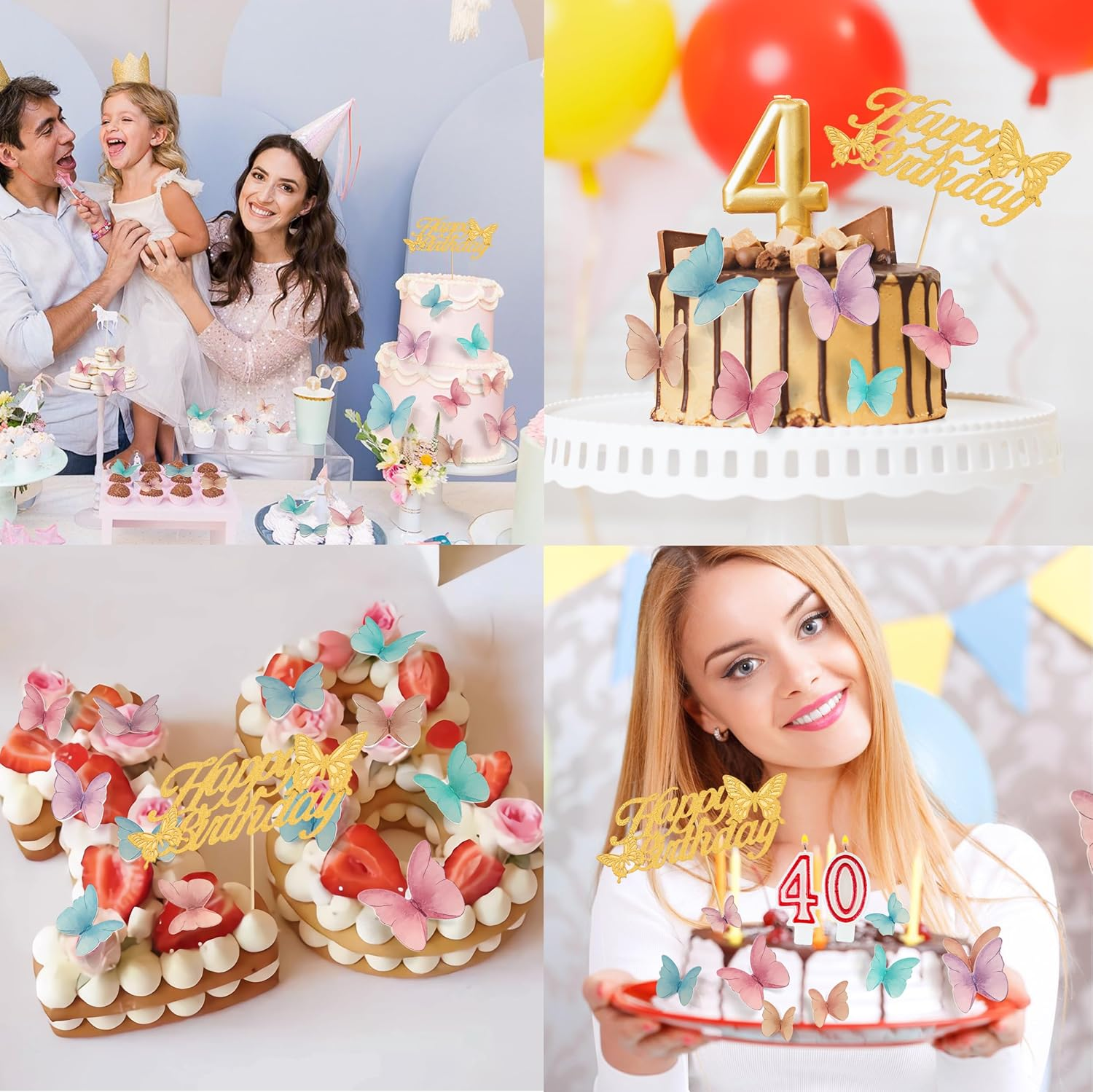 48 Pcs Edible Butterflies for Cake Decorations and 'Happy Birthday' Butterfly Cake Topper, 3D Wafer Paper Butterfly Cupcake Toppers and Cake Topper for Birthday Party Cake Decorations (Mixed Colour) image number 1