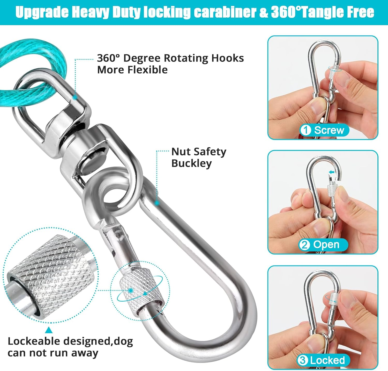 Jenico Dog Tie Out Cable, 10/15/20/30/40/50/70/100/150FT Dog Runner Cable with Swivel Hook and Shock Spring, Dog Leash Run Tether for Yard Outdoor and Camping,For Small to Medium Pets up to 500 LBS image number 3