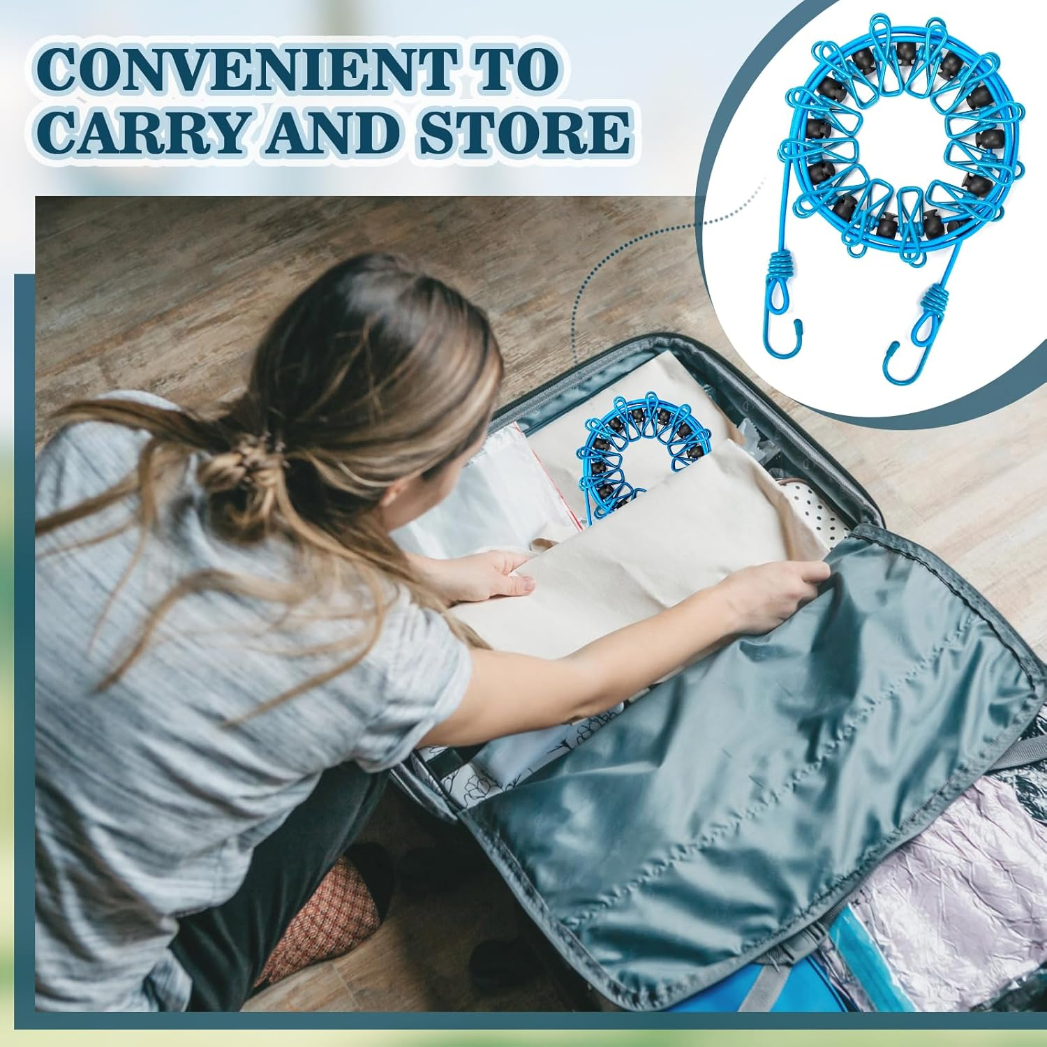 NINEMAX Stretchy Retractable Travel Clothesline - Portable Clothesline with 12 Clothespins, Windproof Camping Clothesline with Hooks, Elastic Clothes Drying Line for Outdoor and Indoor Use image number 1