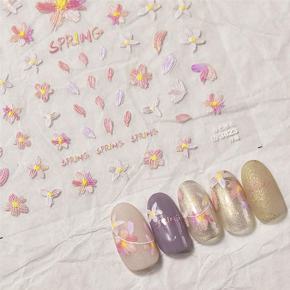 2 Sheets Pink Sakura Flower Nail Stickers Self-Adhesive 5D Embossed Cherry Flower Nail Design Nail Stickers Spring Summer Floral Nail Stickers Relief Petal Nail Sticker Nail Accessories Nail Art image number 6