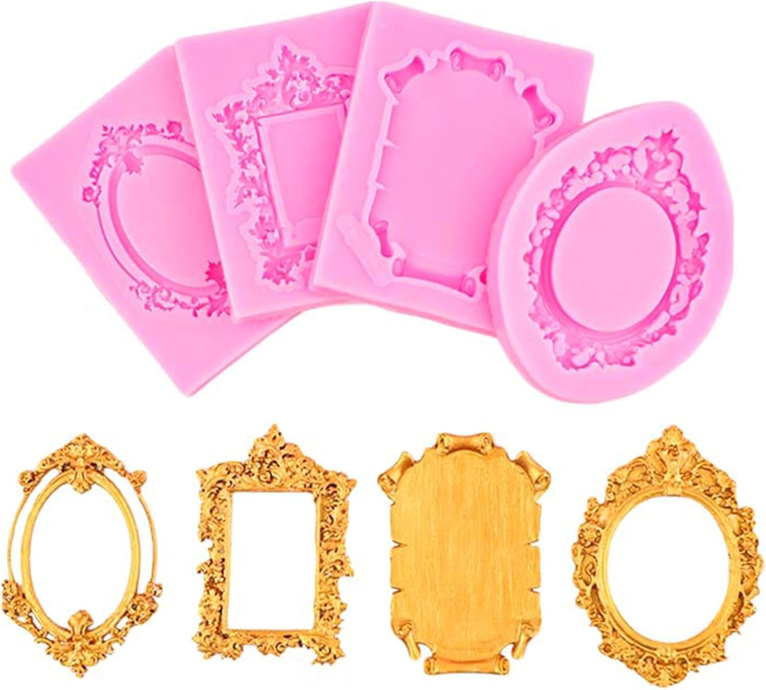4Pcs Pink Silicone Photo Frame Fondant Molds,Baroque Style Curlicues Scroll Lace Photo Frame Fondant Molds,Mirror Silicone Molds Cupcake Topper Mirror Photo Frame Fondant Mold for Cake Decorating image number 4