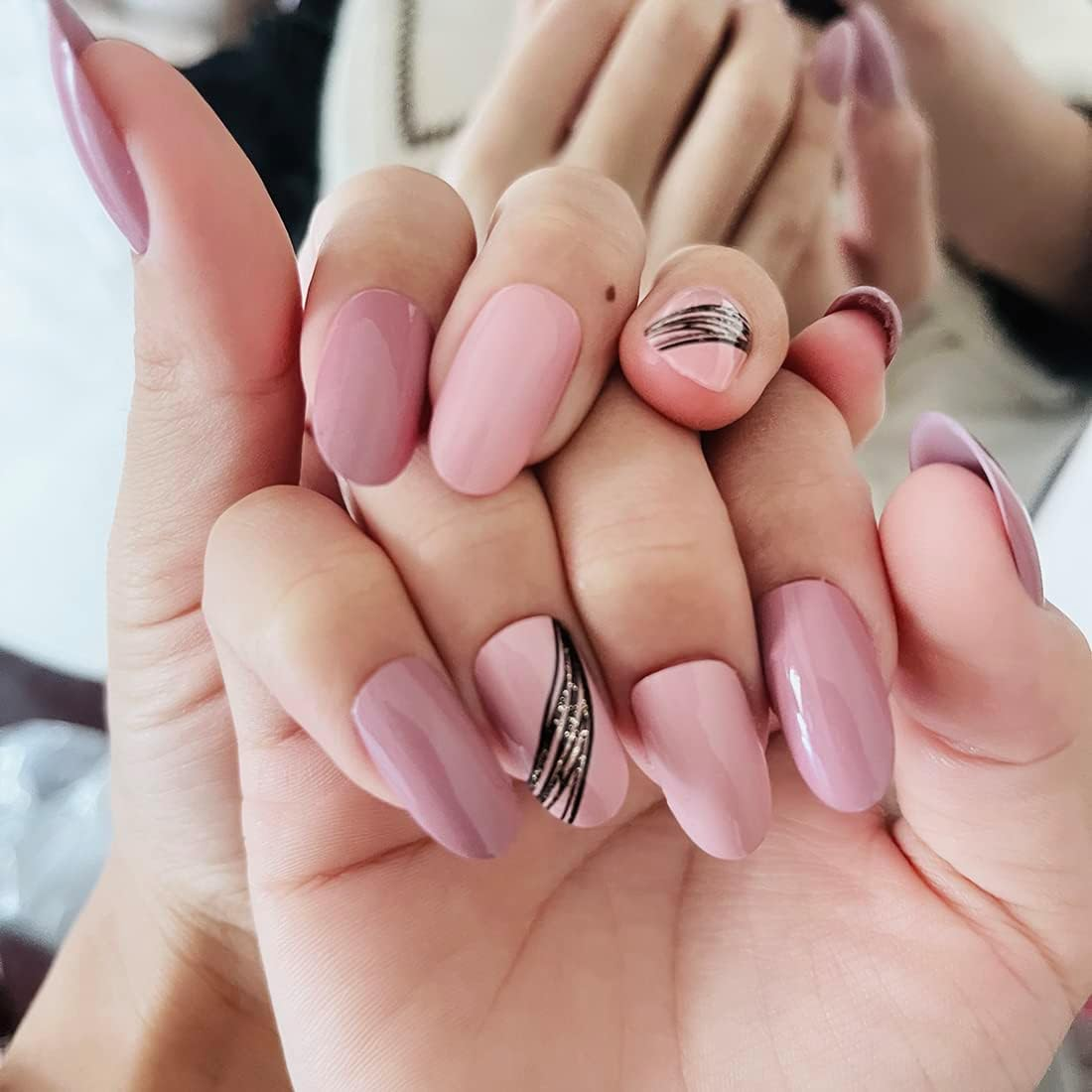 Almond Oblique Gold Thread French Designs 24 Pcs Cute Pointed Oval Shape Press on Nails Pink Full Coverage Short Length Fake False Nails, Art for Women and Girls Stick on Nails image number 2