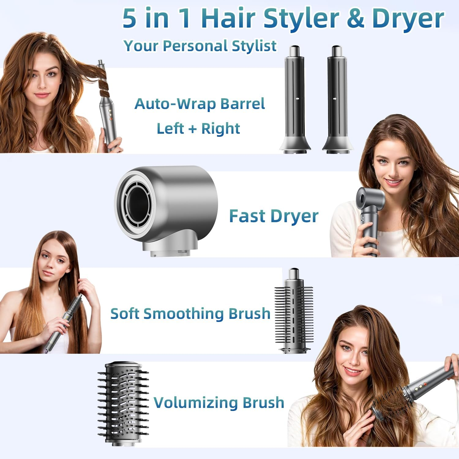 5 in 1 Hair Dryer Brush Set, High Speed Professional Frizz-Free Hair Styler Kit, 300 Million Ions No Heat Damage Air Wrap Blow Dryer - Curl Volumize, Straighten, Multi Styler for All Types image number 4