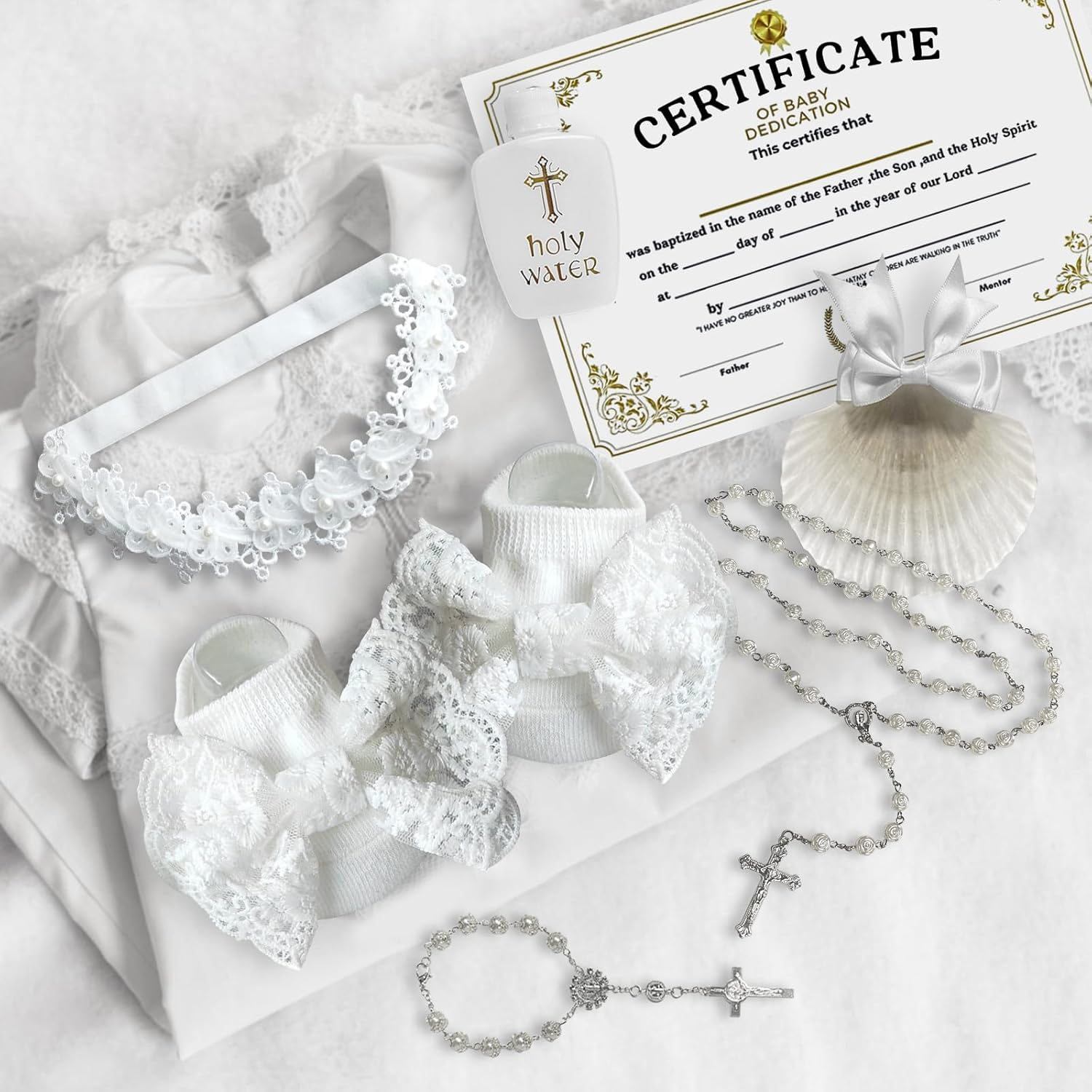 7Pcs Baby Girl Baptism Set, Baptism Socks Pearl Headband Cross Charm Rosary Certificate, Seashell, Holy Water Bottle, First Communion Gift image number 2