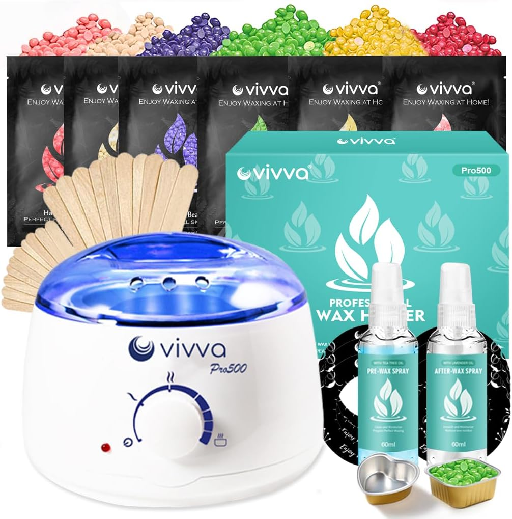 Vivva Waxing Kit, Wax Warmer Hair Removal Adjustable Temperature with 600G Hard Wax Beans and 20 Pcs Wooden Applicator Sticks Painless for Legs, Face, Underarm, Bikini (Black Kits) - Basic Set: Black  300G Lavender image number 2