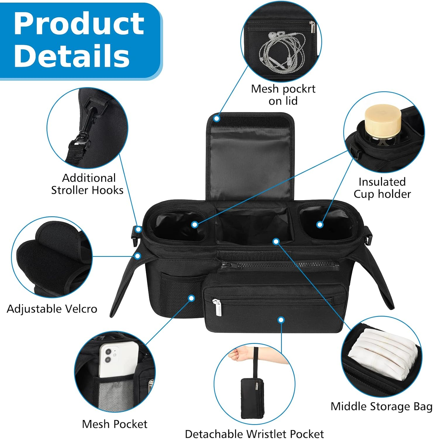 Accmor Universal Stroller Organizer with Insulated Cup Holder Detachable Phone Bag Shoulder Strap,Stroller Bag Caddy Organizer Accessories Stroller Organizer for Uppababy, Baby Jogger Strollers image number 1