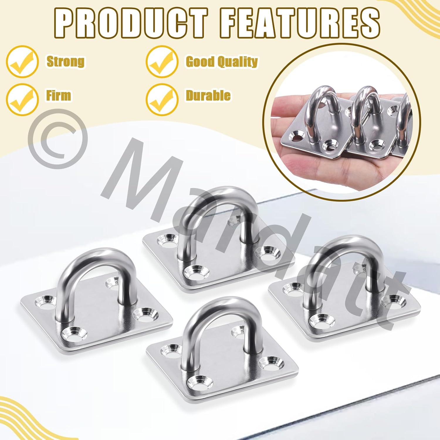 Mardatt 8Pcs M6 Premium Square Pad Eye Hooks, 304 Stainless Steel Pad Eye Plate U Hooks Snap Hook, Marine Hardware Staple Hook Loop Swivel Hooks Wall-Mounted with Screws for Outdoor Indoor Activity image number 1