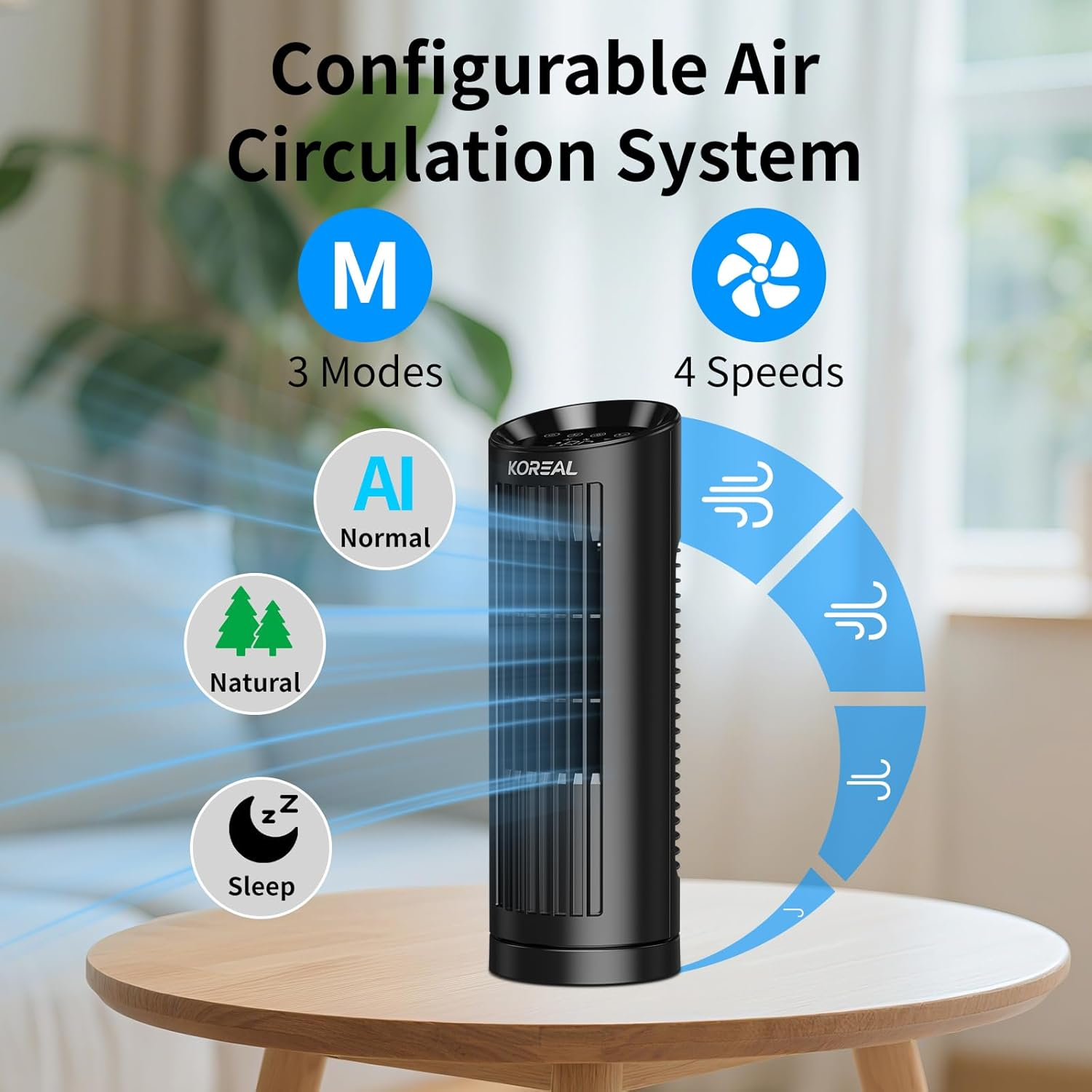 Koreal Desk Fan, 33Cm Quiet Cooling Tower Fan for Bedroom, 4 Speed, 3 Mode, 12H Timer, Digital Touch Screen, Safe Bladeless Table Fan for Home Desktop Office image number 6