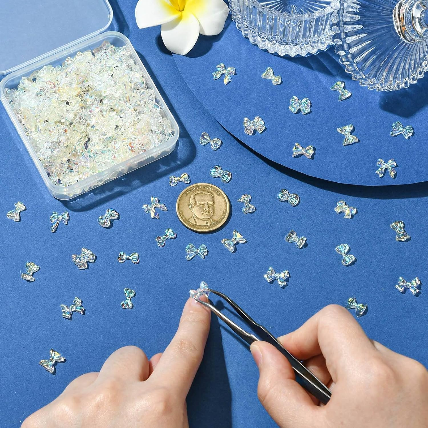 UR URLIFEHALL 200 Pieces Random 3D Bow Nail Charms Flat Back Transparent AB Bow Resin Cabochons for Nail Art DIY Phone Number Scrapbooking Crafts image number 2