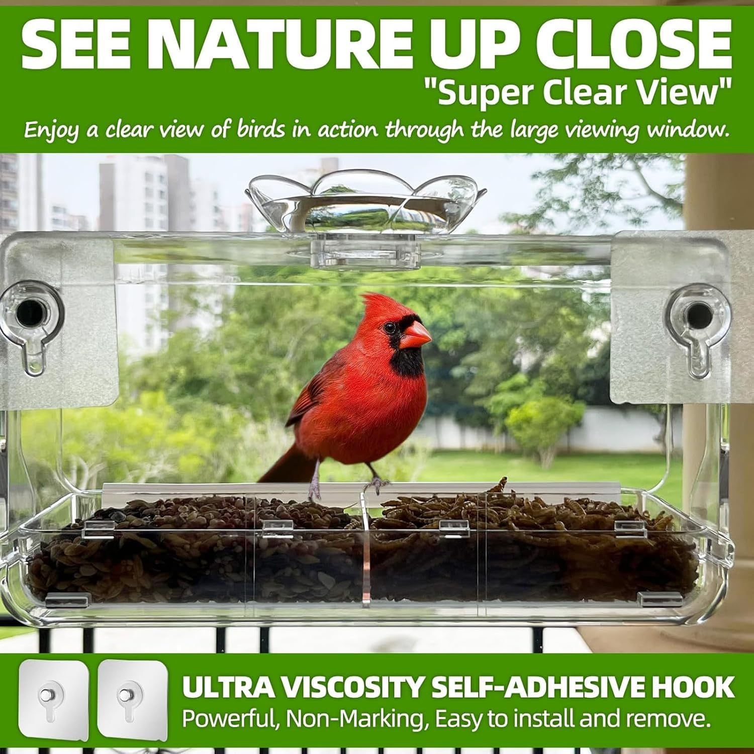 Goyuhome Clear Window Bird Feeder - Featuring Self-Adhesive Hooks & Easy-Clean Tray, Transparent Acrylic Outdoor Birdhouse for Wild Bird Watching, Ideal outside Gardening Gifts image number 4