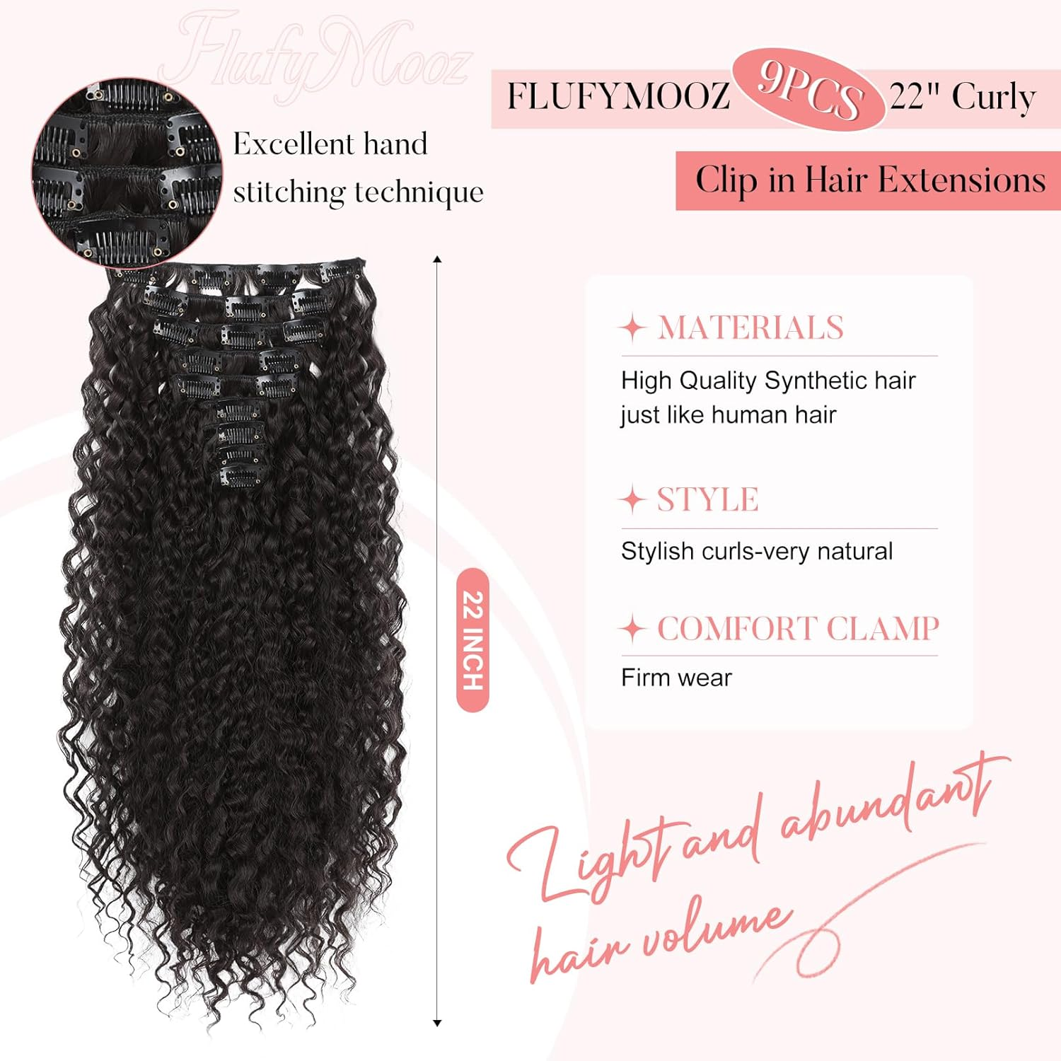 FLUFYMOOZ 9PCS Clip in Hair Extensions 22 Inch Curly Hair Extension Long Soft Synthetic Hairpieces for Women (Black Brown) image number 1