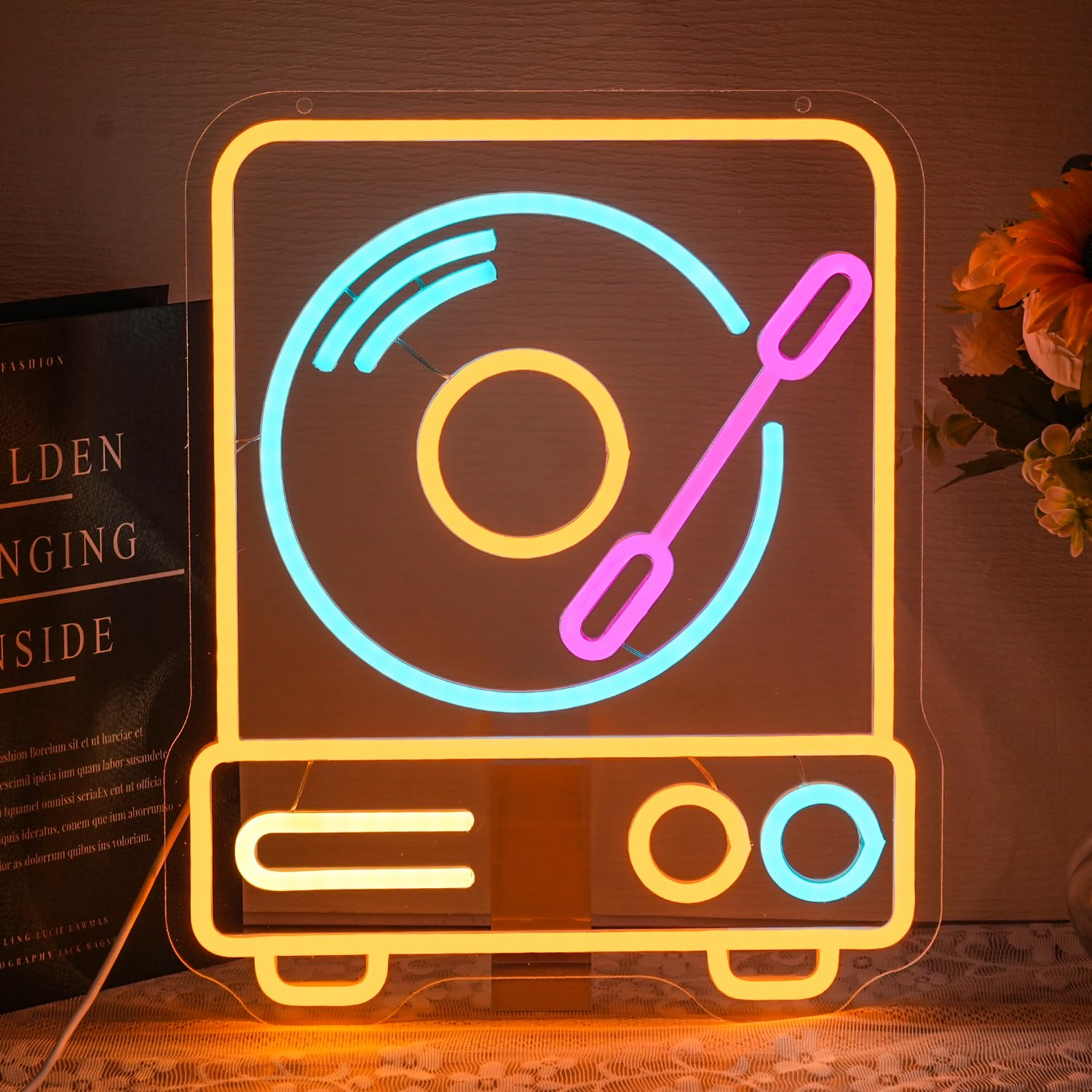 LMSIGNLY Record Player Neon Sign for Wall Decor Retro Music Record Neon Light Music Neon Light Sign Colorful Record Player LED Sign for Bedroom Music Classroom Concert Bar Party