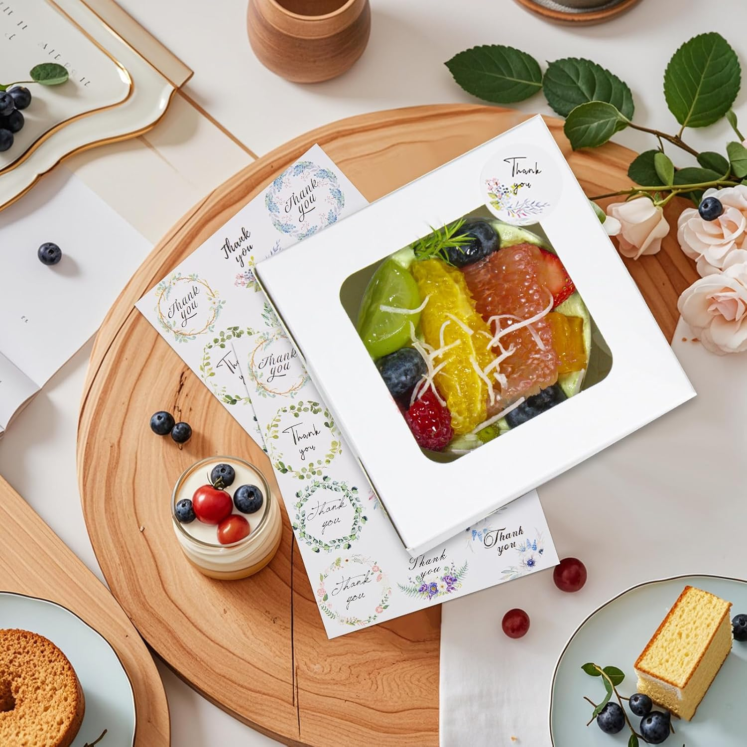 50Pcs White Bakery Boxes with Baking Paper for Convenient Wrapping, 4X4X2.5Inches, Sturdy & Adorable Pastry Gift Box with Window for Mini Desserts, Small Treats, Cookies and Party Favor Box.