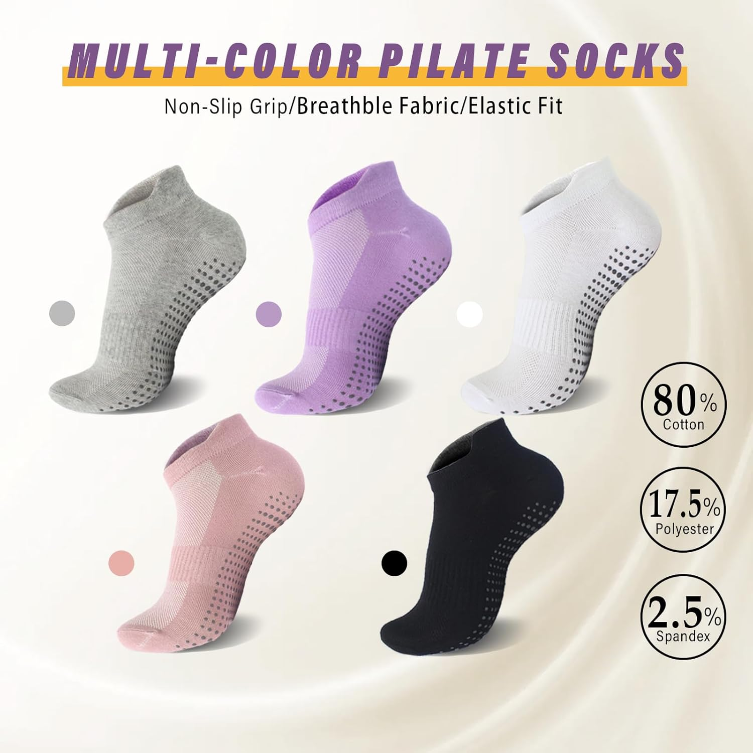 Viiotu 4 Pairs Pilates Socks for Women, Reformer Pilates Grip Socks with Breathable Mesh Yoga Socks, Non Slip Grip Socks for Dance Barre Barefoot Workout Ballet - White Black Purple Pink image number 4