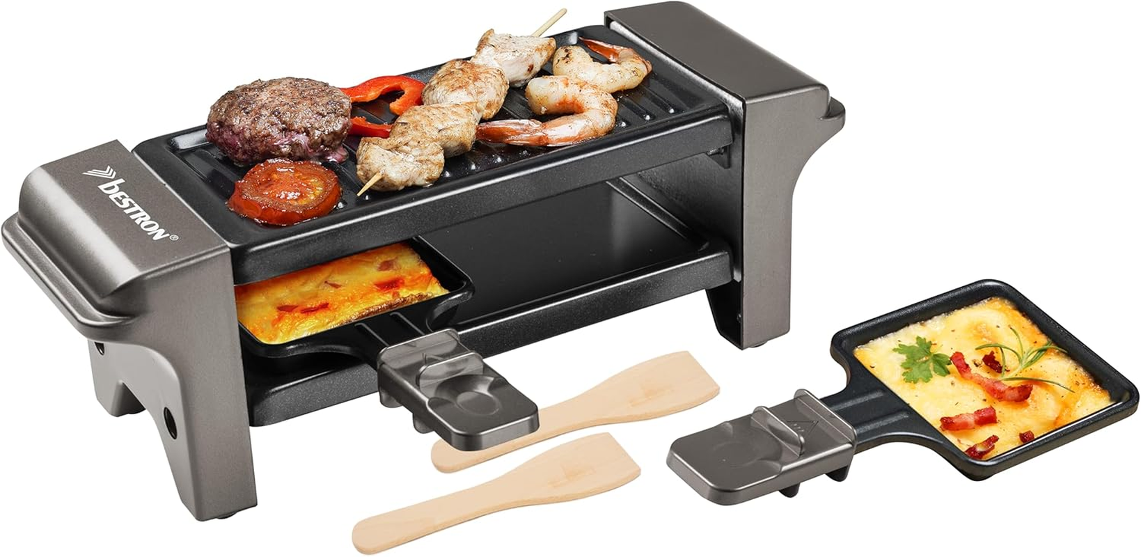 Bestron Raclette, Mini Grill for 1 to 2 People, with 2 Pans and 2 Spatulas, with Non-Stick Coating, 350 Watts, Colour: Grey