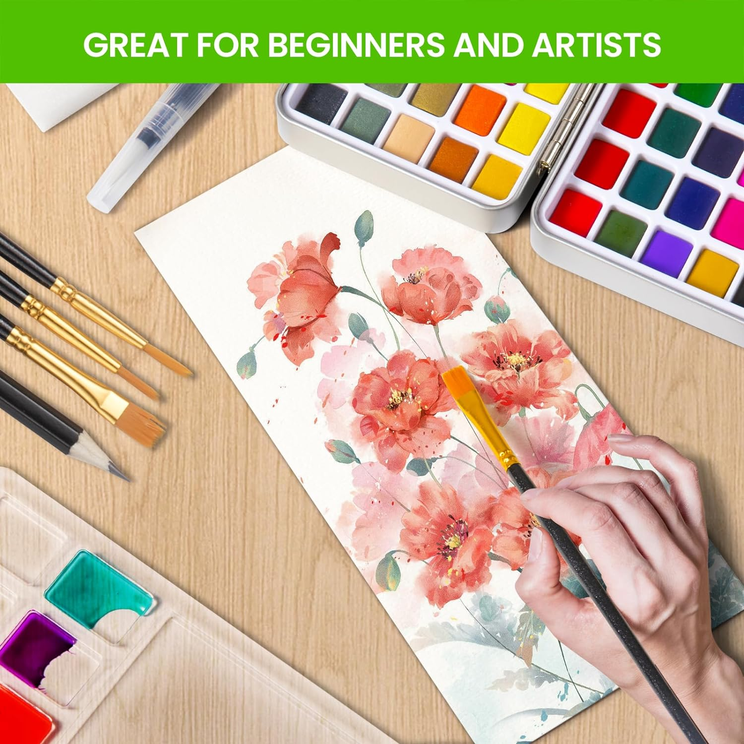 YNTCHENG Watercolor Paint Set 100 Colors,Water Colors Paint Adult Set with Watercolor Paper and Water Brush Pens,Ideal for Kids,Artists and Hobbyists,Perfect Starter Kit for Painting,For Travel image number 5