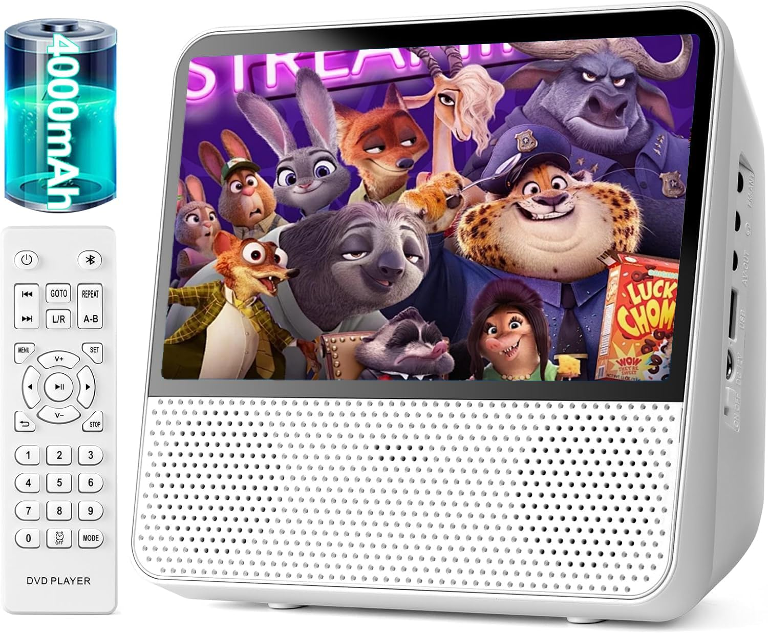 9.8'' Portable DVD Player for Car, 4000 Mah Rechargeable Outdoor CD Player with 7" Digital Screen, Support Sync Screen to TV, Support SD Card/Usb/Dvd/Cd/Bluetooth/Usb/Line/Timer/Repeat (White) image number 1