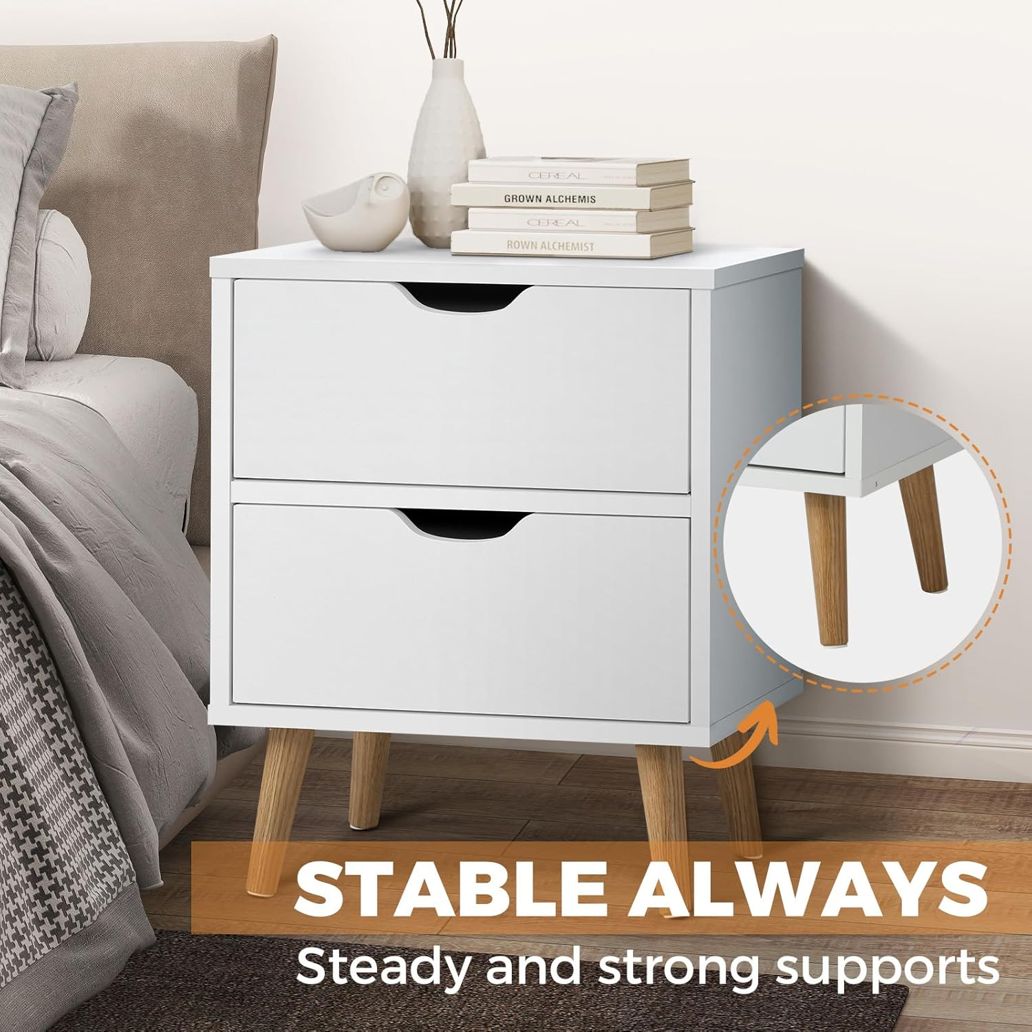 Oikiture Bedside Table with 2 Drawers, Wooden Side Table Nightstand Storage Cabinet White image number 1