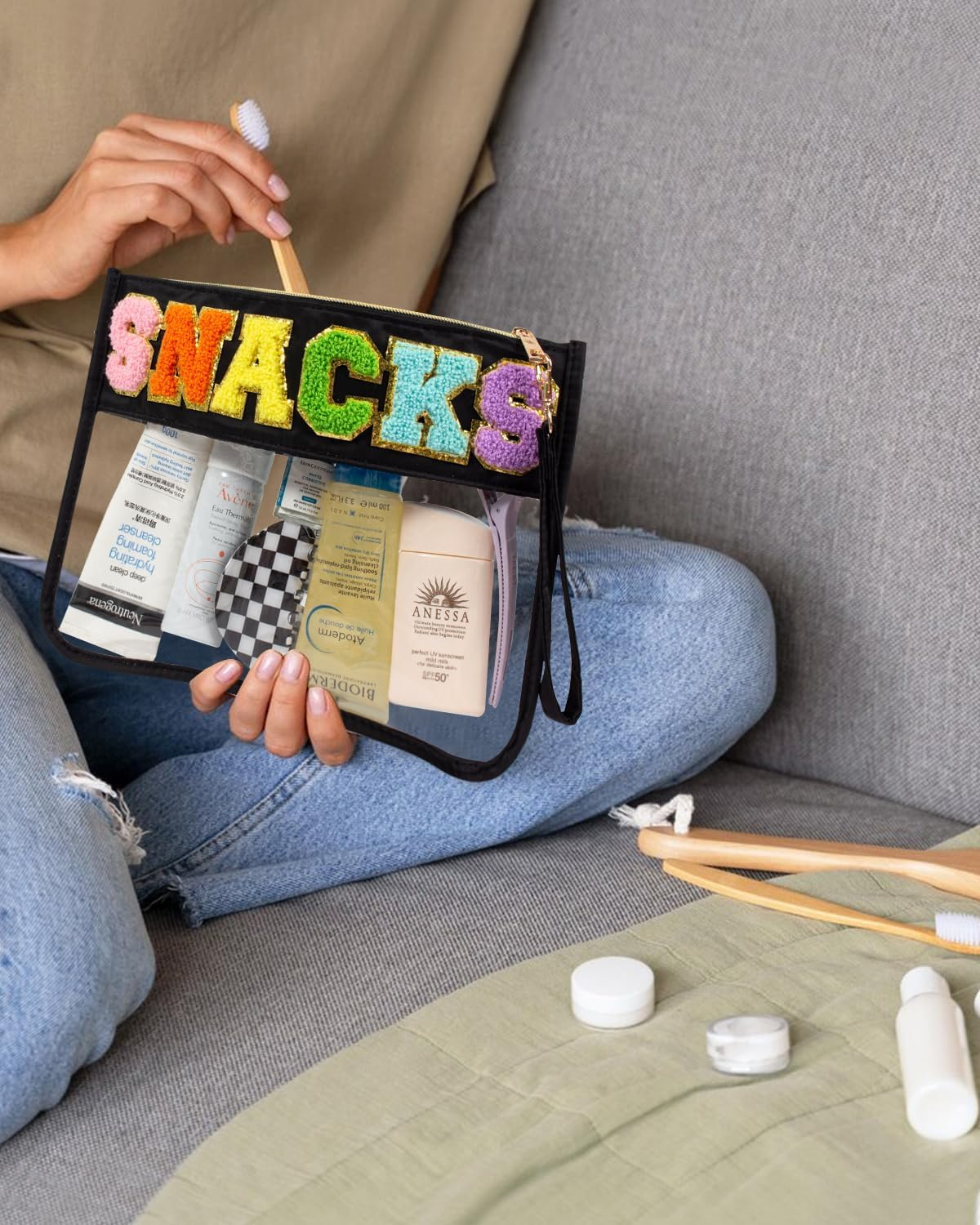 Snack Bag Clear Makeup Bag, Chenille Letter Clear Zipper Pouch Nylon Cosmetic Pouch Organizer Sunscreen Toiletry Bag Waterproof Summer Beach Organizer Travel Gifts for Women Girls (Black Snacks) - Pink Snacks image number 7