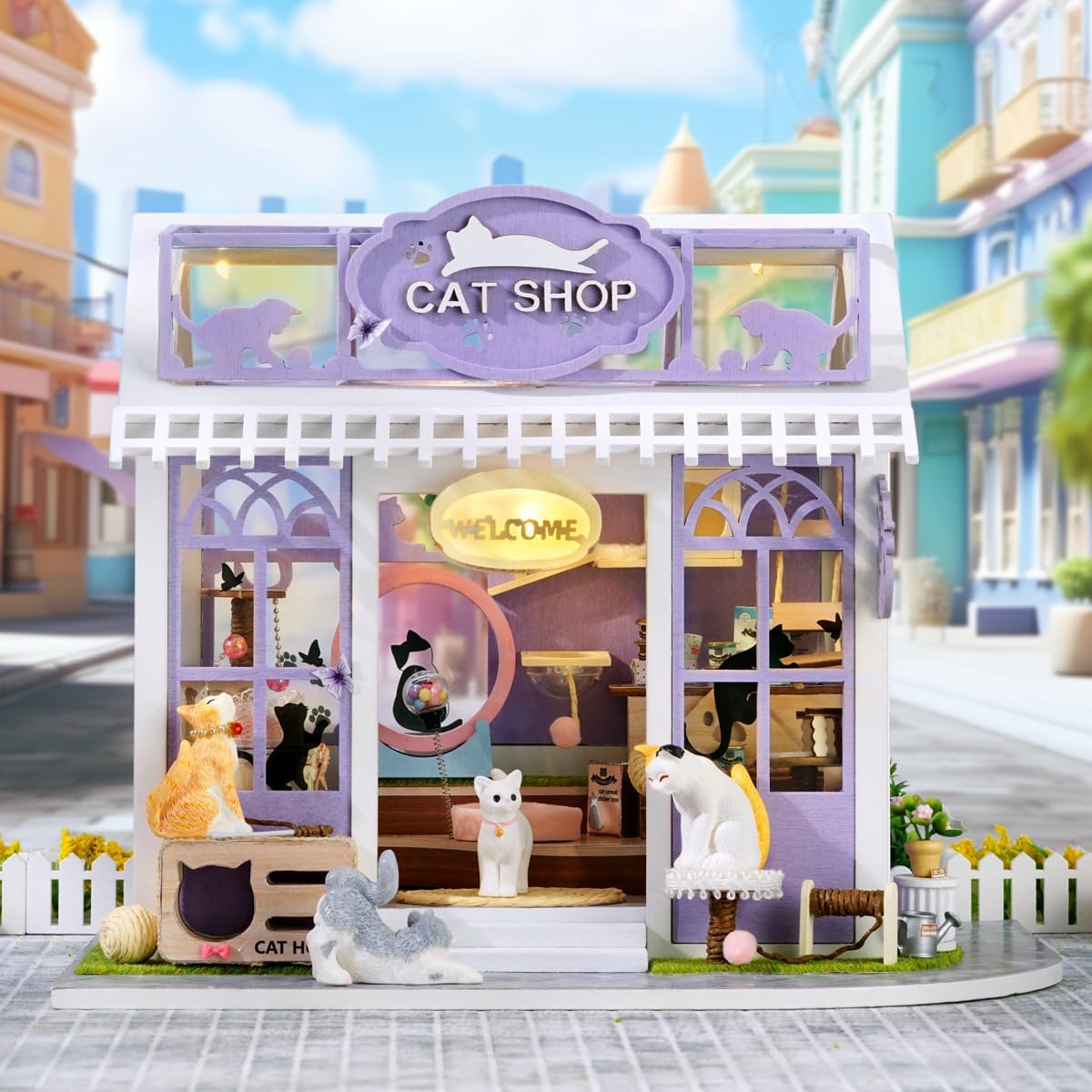 CUTEROOM DIY Miniature Cat Shop Dollhouse Kit with LED Lights&Music Box, Purple and White, Includes Furniture and Accessories Best Gifts for Aldult (Kitten Paradise)