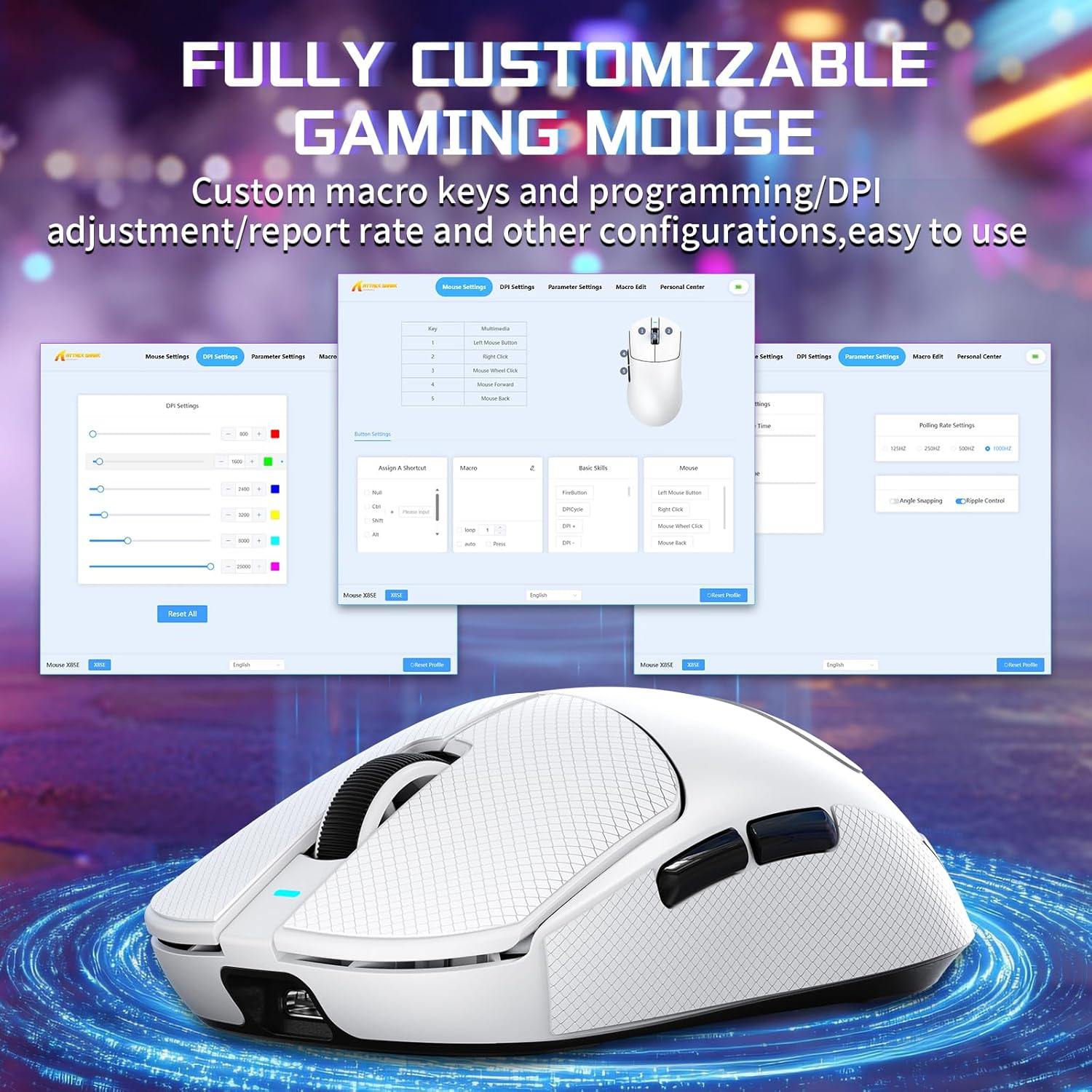 ATTACK SHARK X8SE Wireless Gaming Mouse,Adjustable 25K DPI PAW3311 Optical Sensor,Ergonomic 59G Lightweight,Triple Modes 2.4G/Bt/Usb-C,500Mah Battery,5 Programmable Buttons for Pc/Mac-White&Griptape