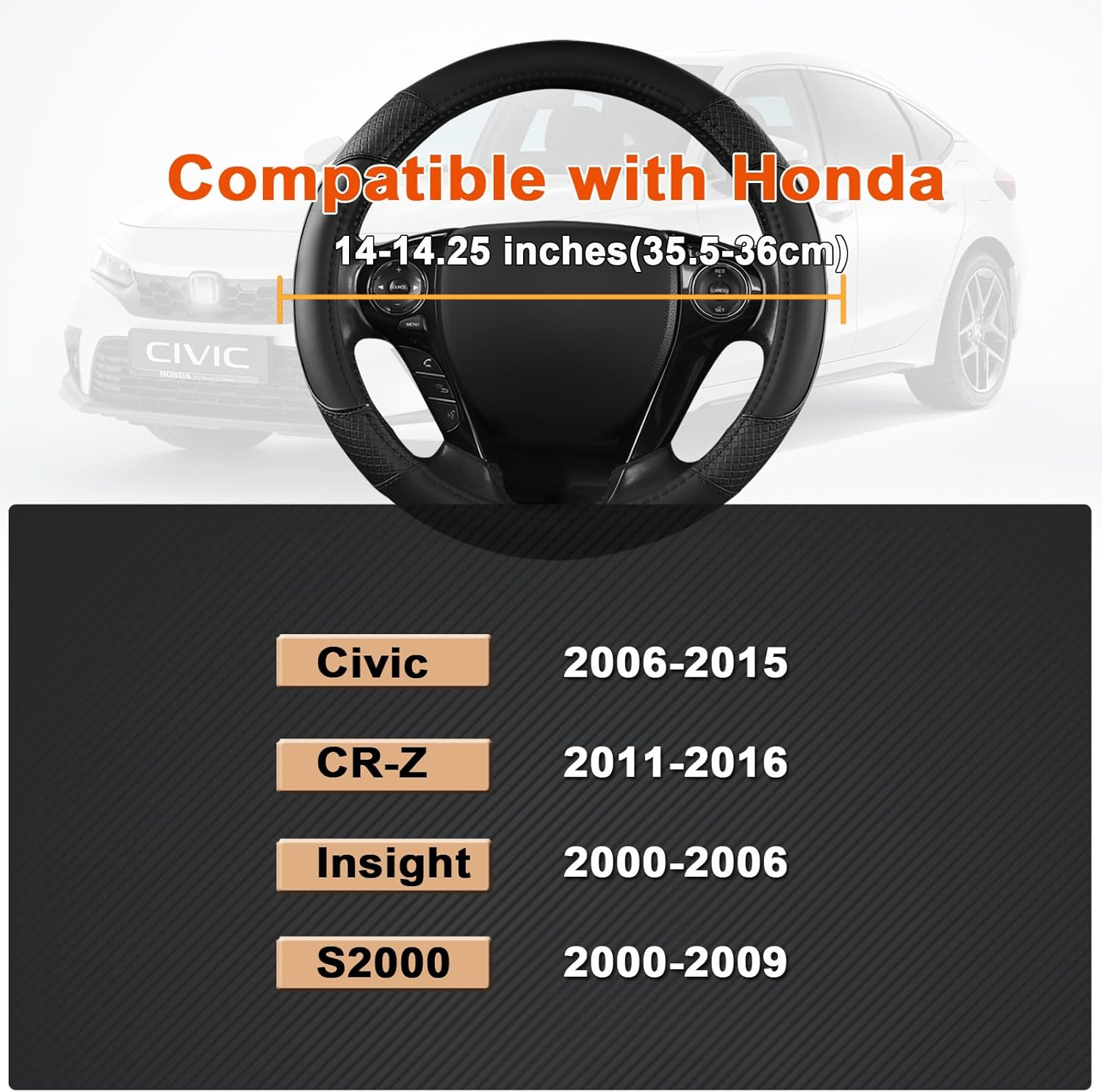 GIANT PANDA Steering Wheel Cover for Honda Civic(2006-2015),Cr-Z, Insight, S2000 (Black-Small Size) image number 5