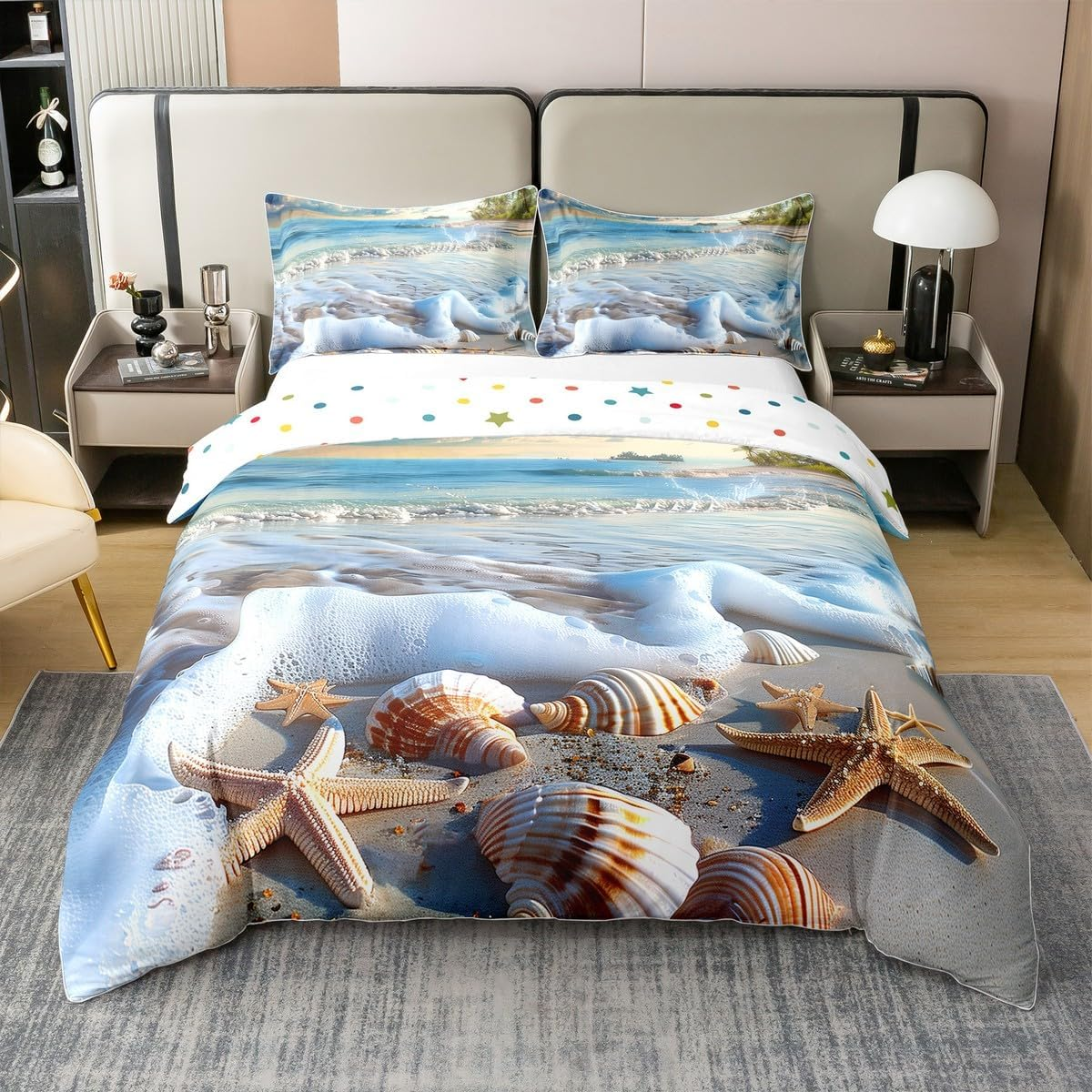 100% Cotton Beach Ocean Duvet Cover 135 X 200 Cm Sea Wave Starfish Shell Bed Linen Set Sunrise Sunset View Scene Bed Linen Hawaii Sea Coast Summer Coast Seascape Bed Set image number 4