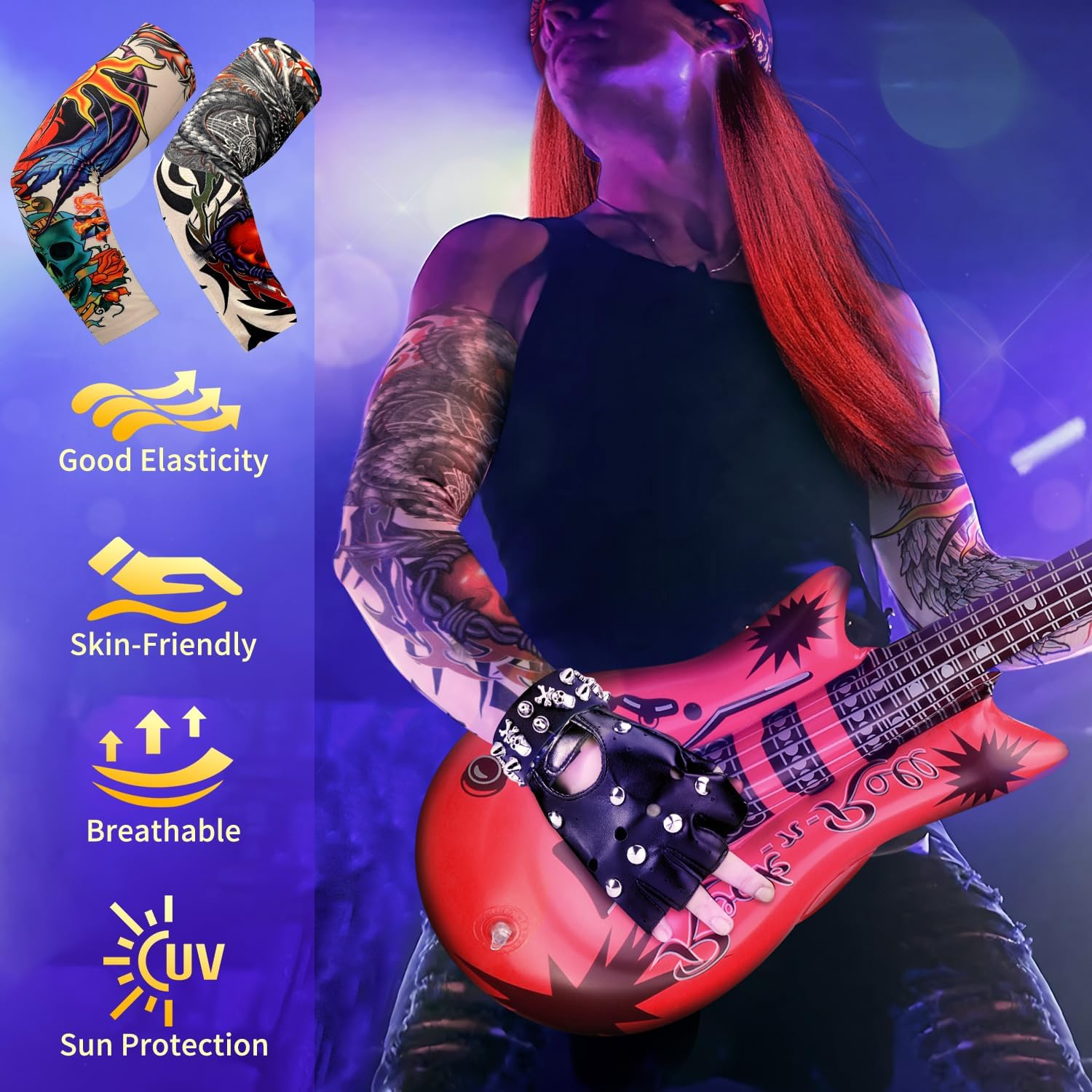 AUTOWT 1970S Rockstar Hippie Costume Accessories - 60S 70S 80S Metal Rock Band Punk Costume Set with Wig, Bandana, Sunglasses,Tattoo Sleeves, Gloves, Wrist Chains, Guitar, Men Women Woodstock Outfits image number 5